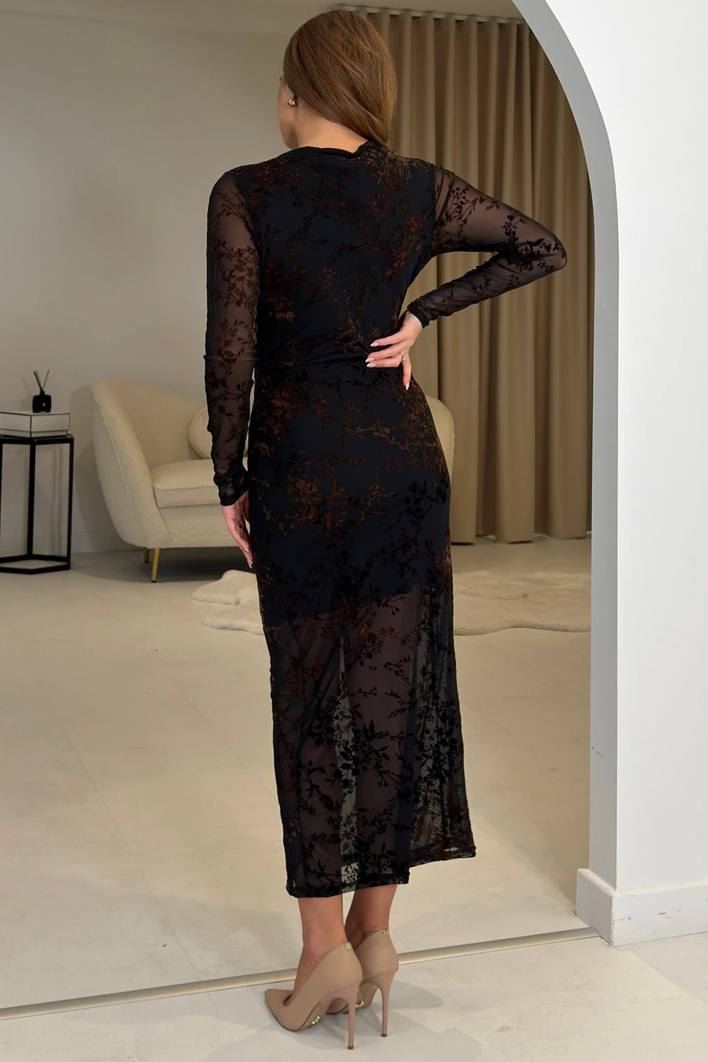 Remington Girl in Mind Black Floral Flocked Mesh Midi Dress