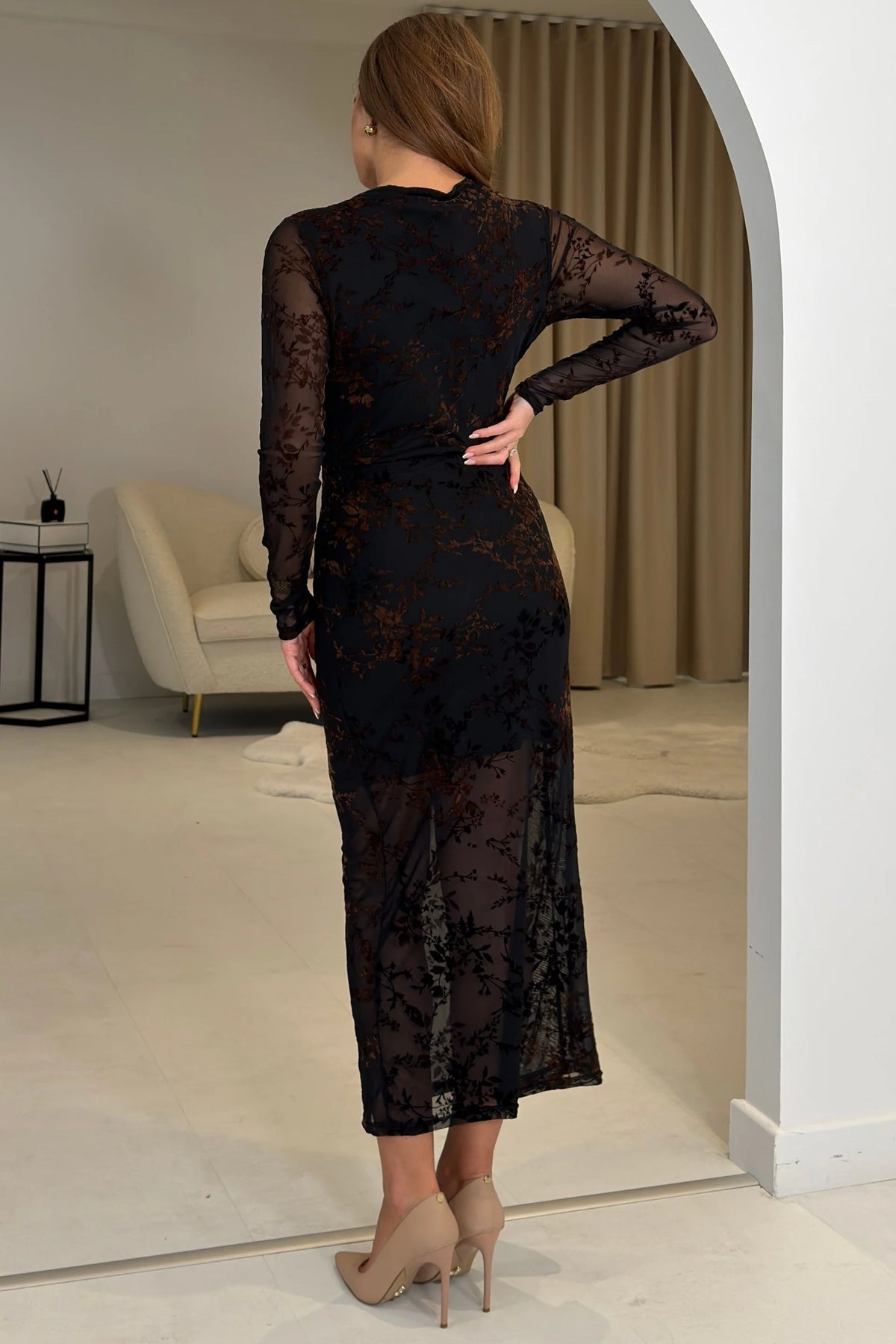 Remington Girl in Mind Black Floral Flocked Mesh Midi Dress