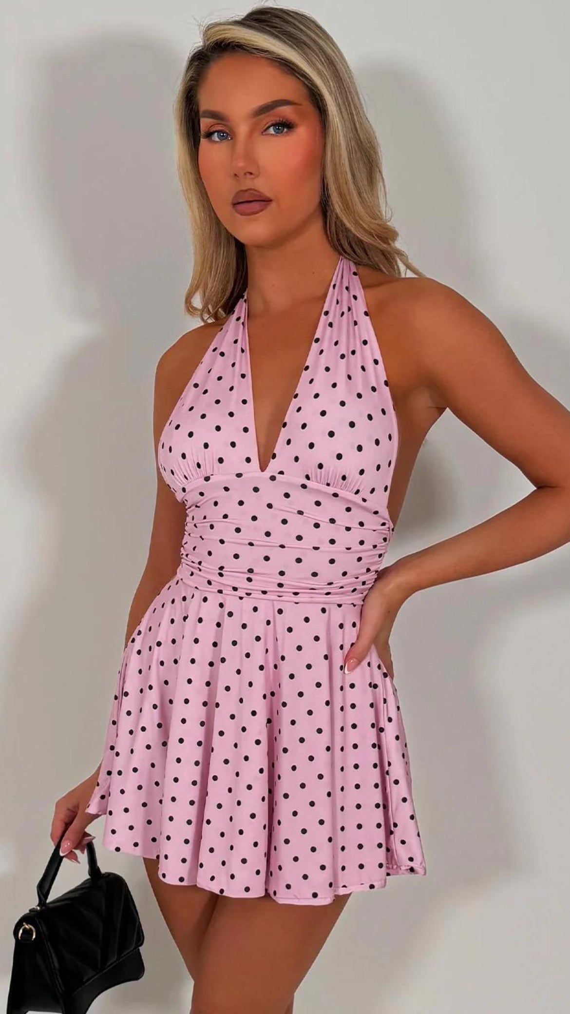 Ivy Polka Dot Halter Backless Mini Dress - Pink