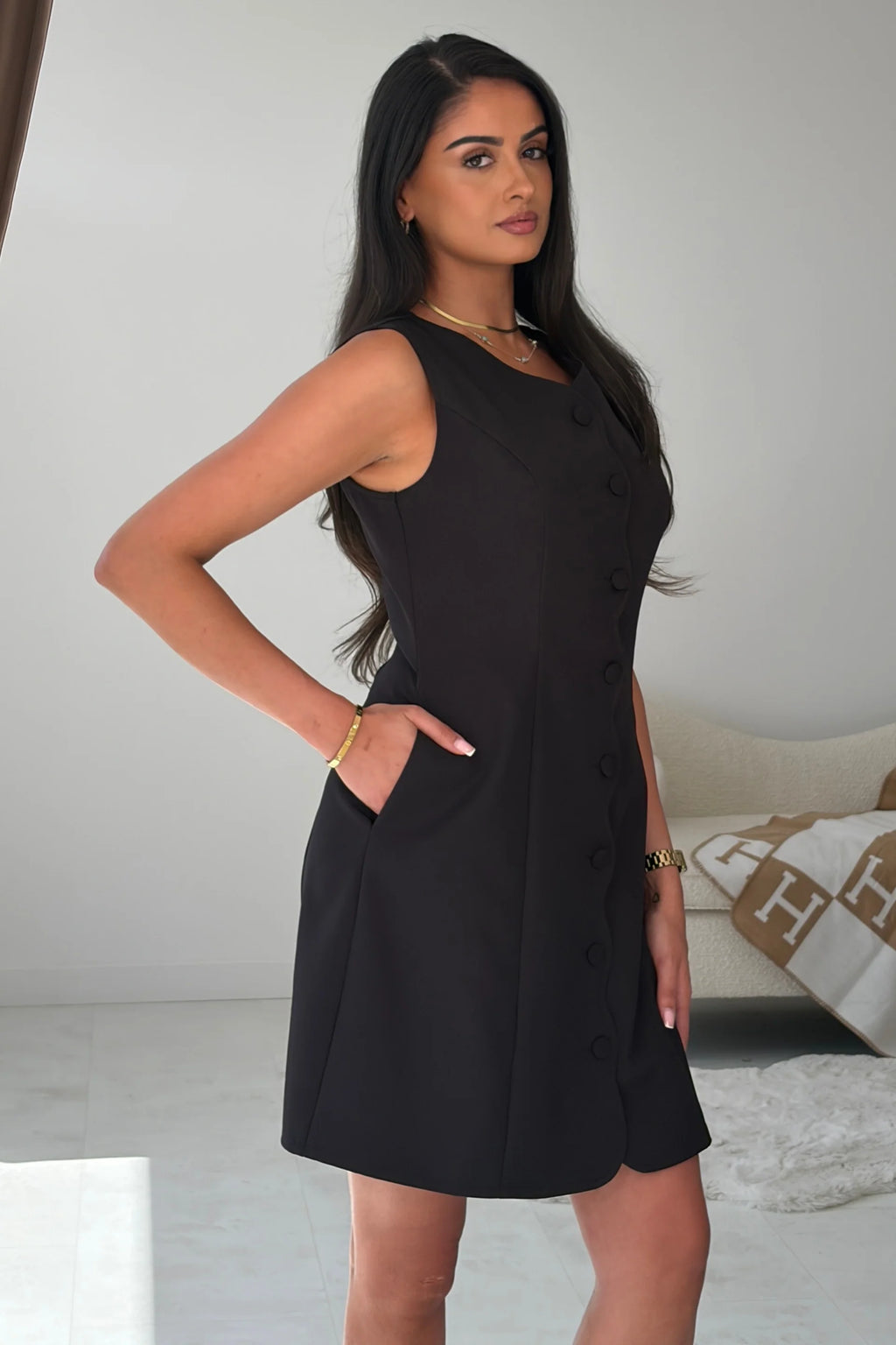 Violetta Girl in Mind Black Scallop Detail Button Front Mini Dress