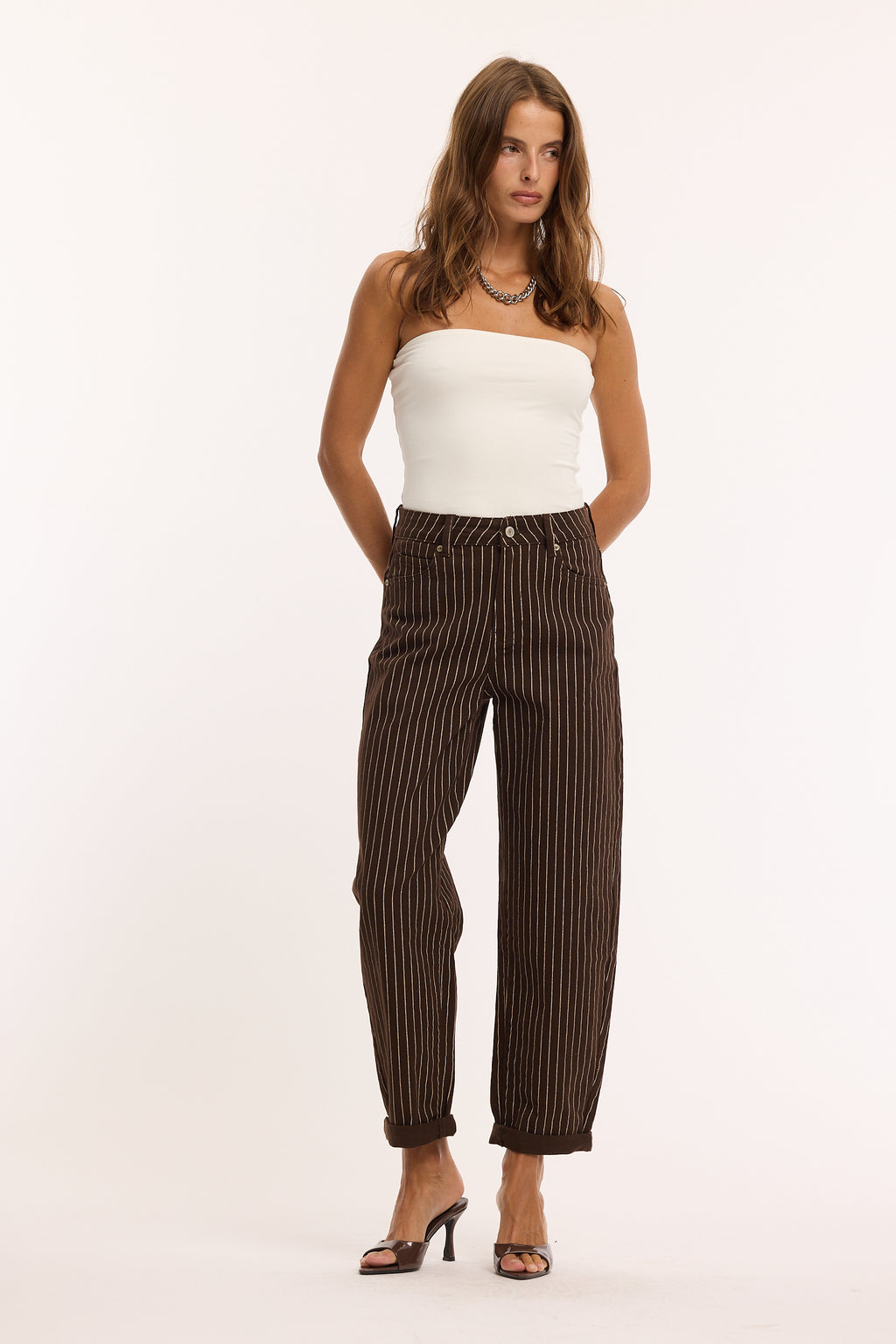 Clara Chocolate Brown Pinstripe Mom Jeans