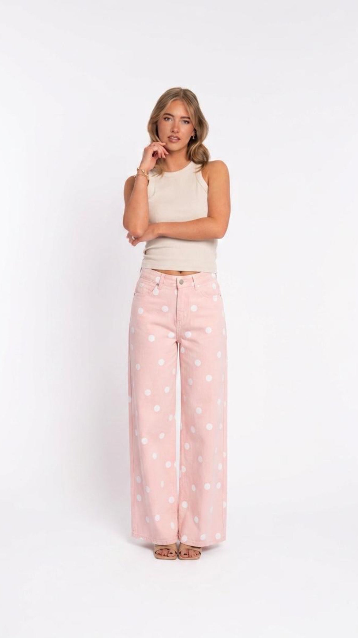 Blush Pink Blake Polka Dot Wide Leg Jeans