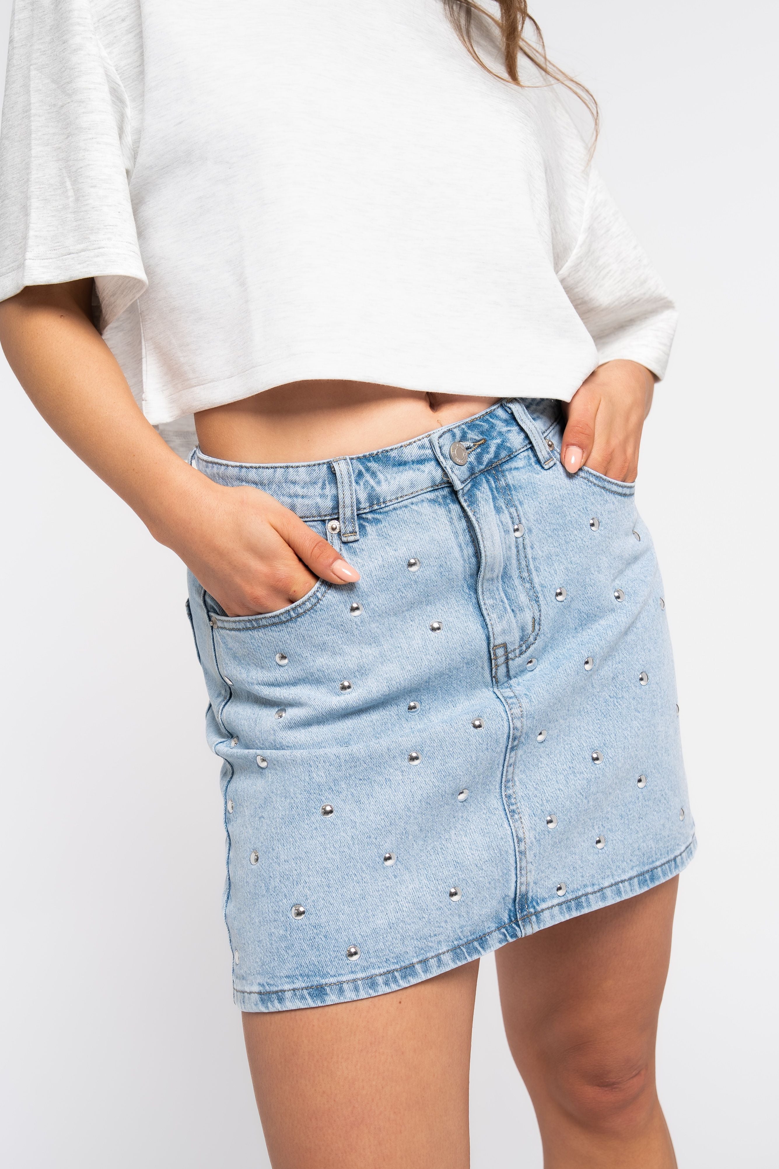 Serena Studded Denim Mini Skirt – Light Wash