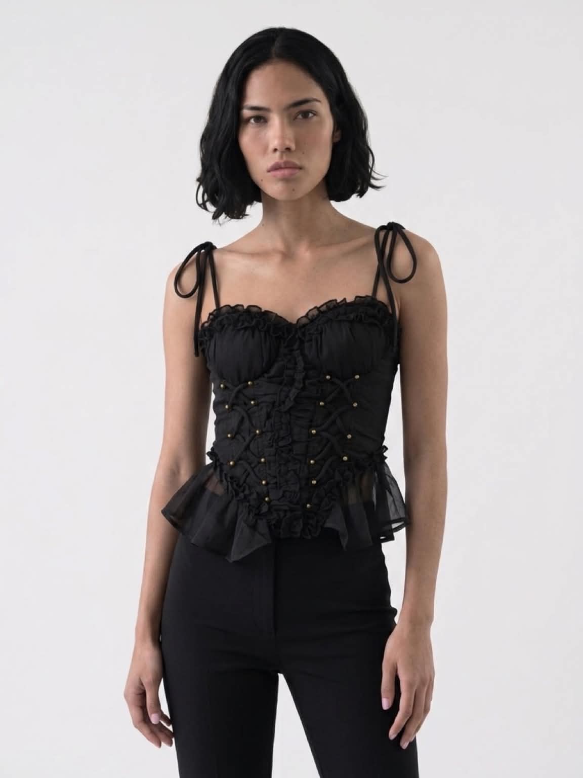 Dexi Ruffle Corset Peplum Top - Black