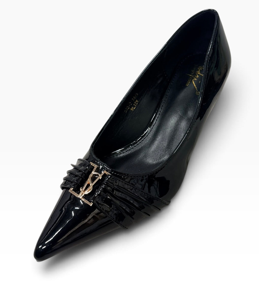 Bridget Black Patent Pointed-Toe Heels