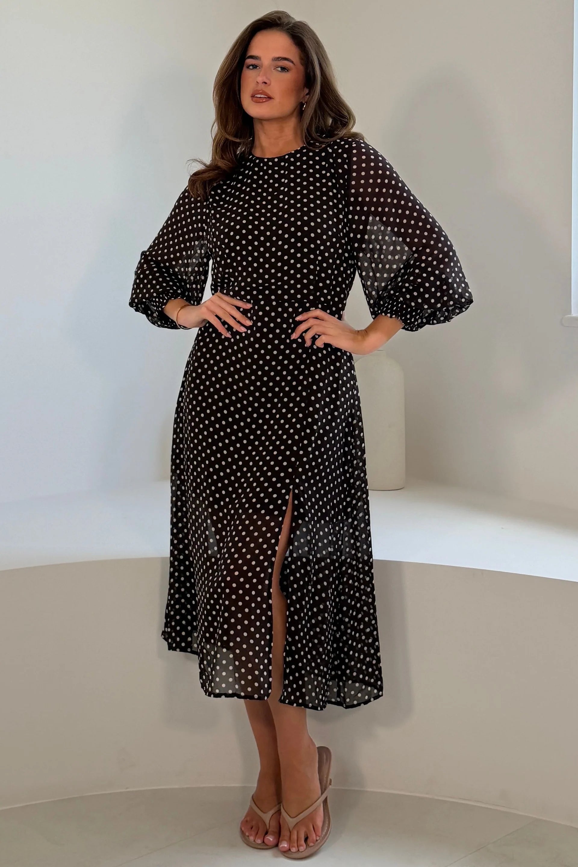 Girl In Mind Oraya Brown & White Polka Dot Chiffon Midi Dress