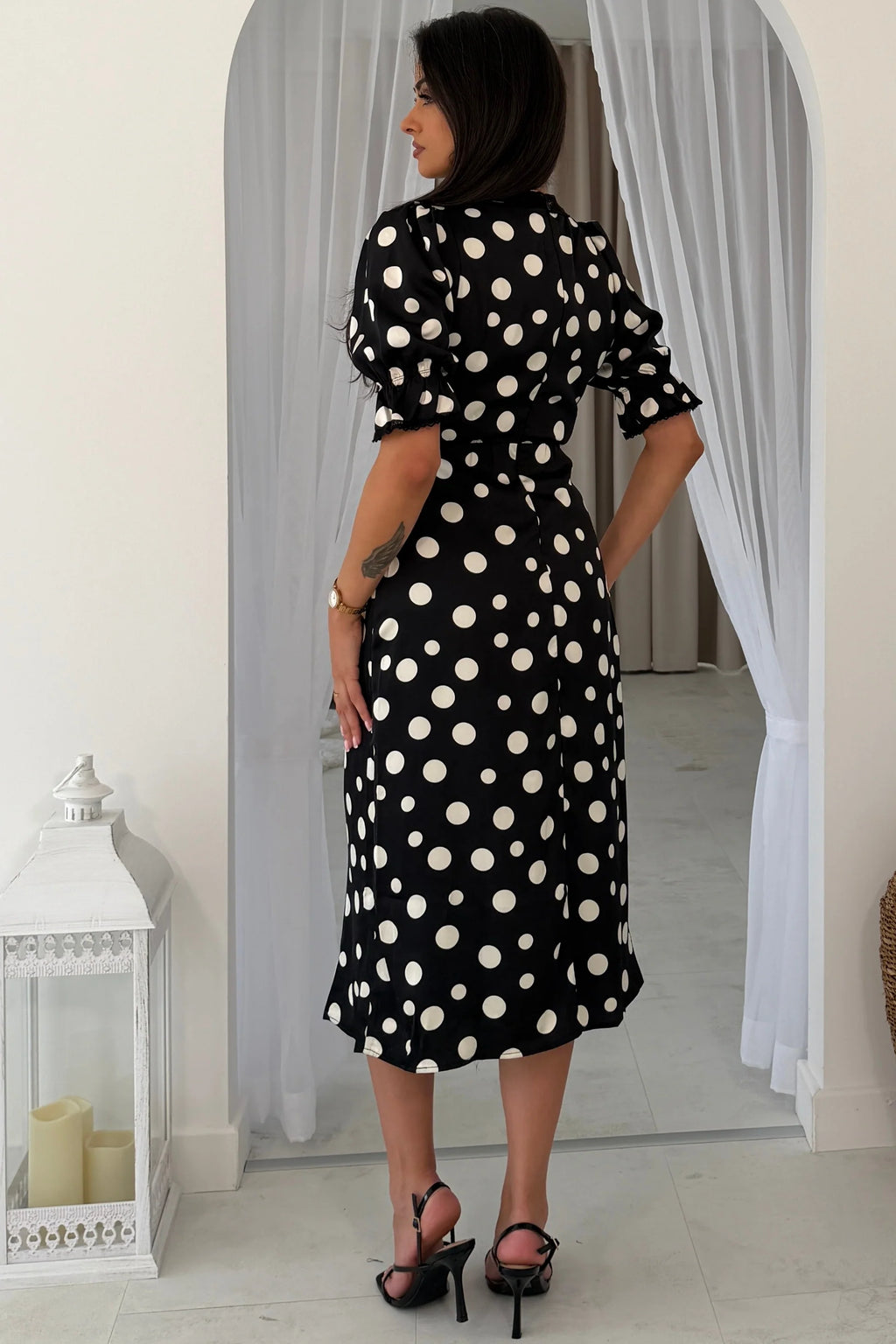 Girl In Mind Sharon Black & White Polka Dot Lace Trim Midi Dress