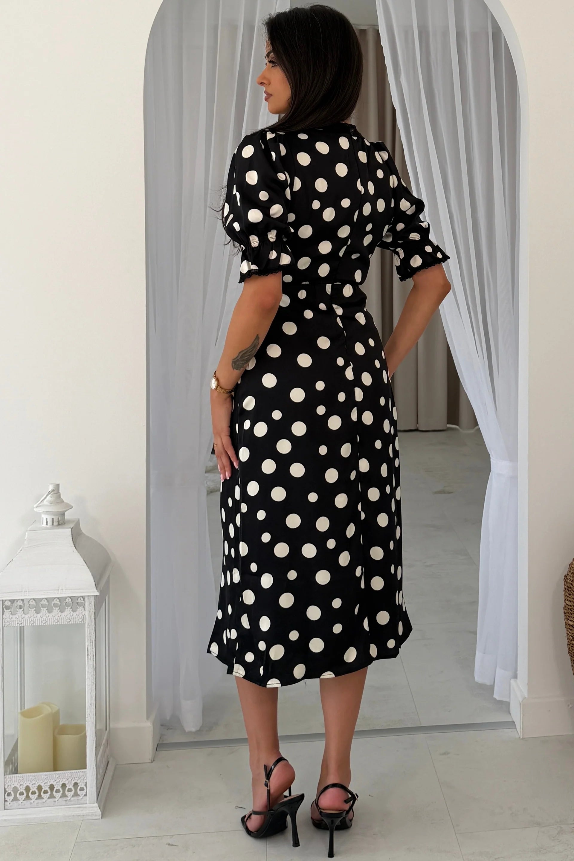 Girl In Mind Sharon Black & White Polka Dot Lace Trim Midi Dress