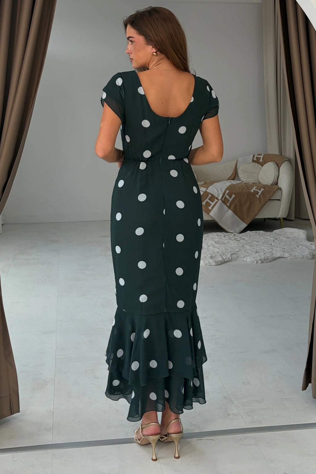 Roxy Girl in Mind Green Polka Dot Frill Midi Dress