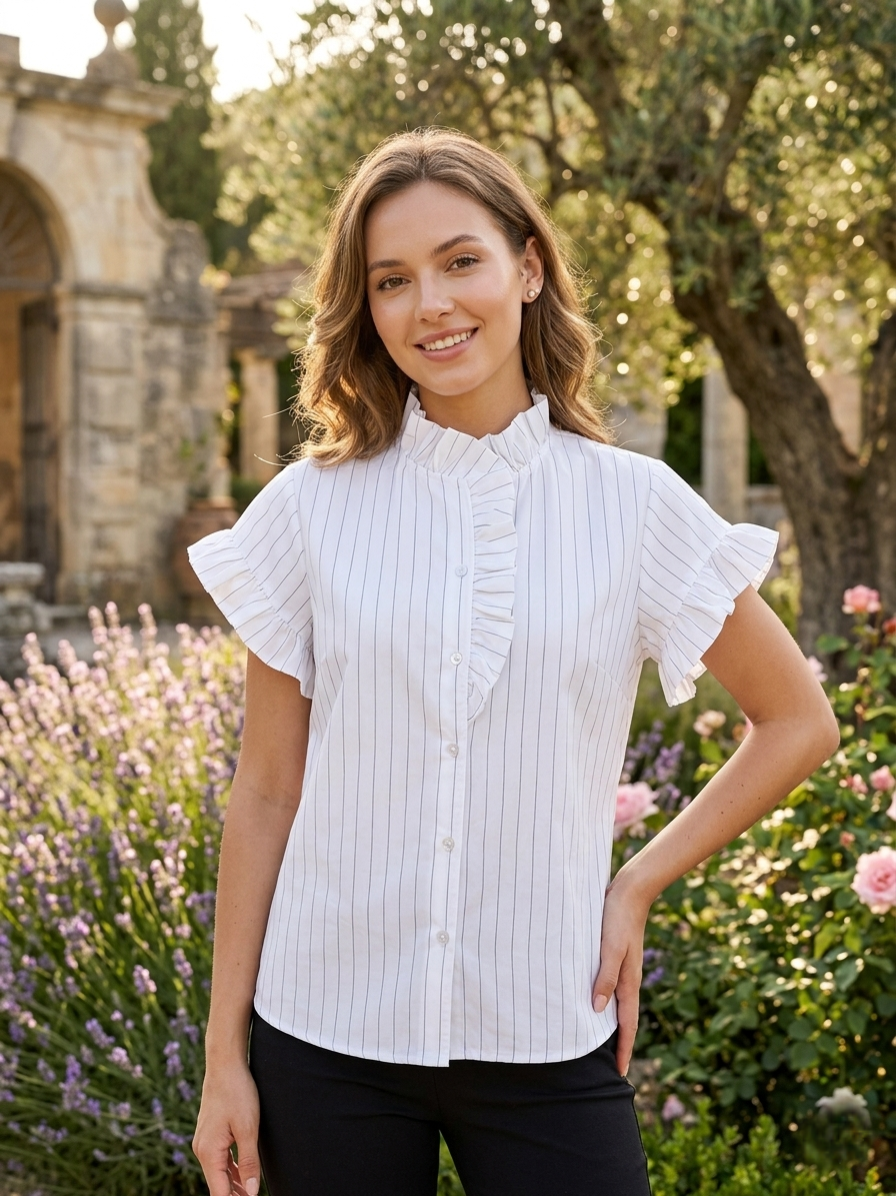 Sofia Shirt – White Stripe Frill Sleeve Blouse