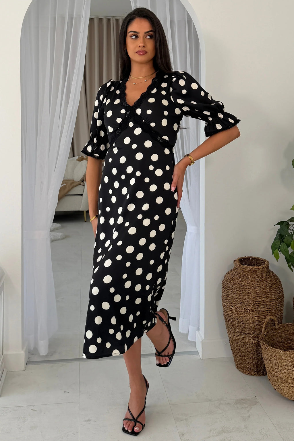 Girl In Mind Sharon Black & White Polka Dot Lace Trim Midi Dress