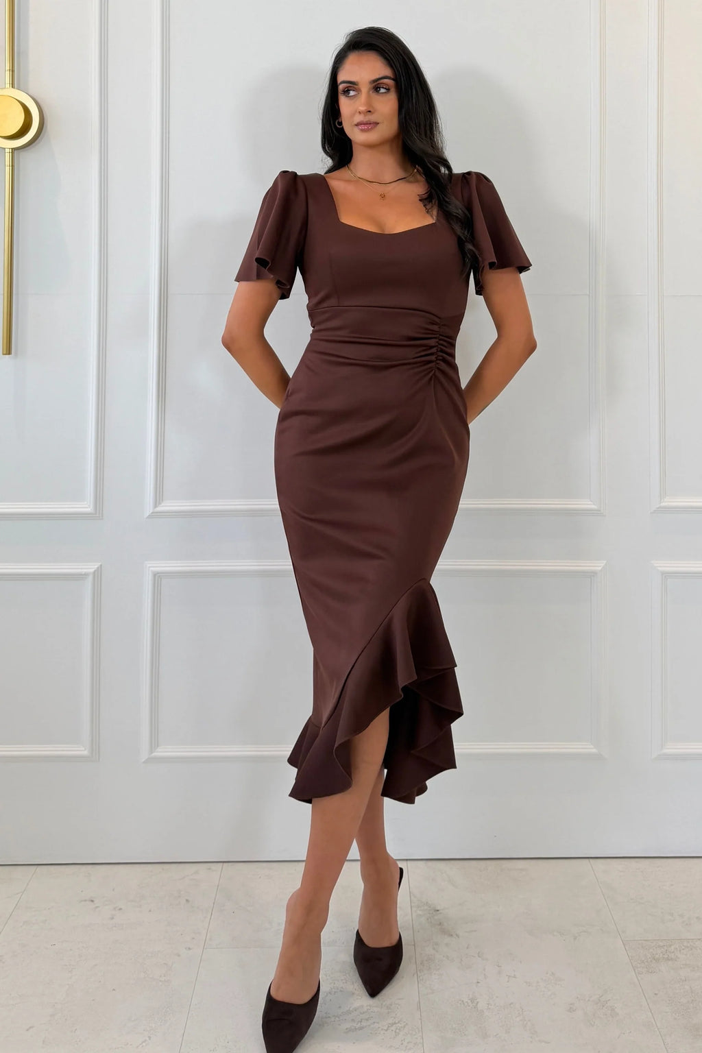 Leona Girl in Mind Chocolate Brown Ruched Frill Midi Dress