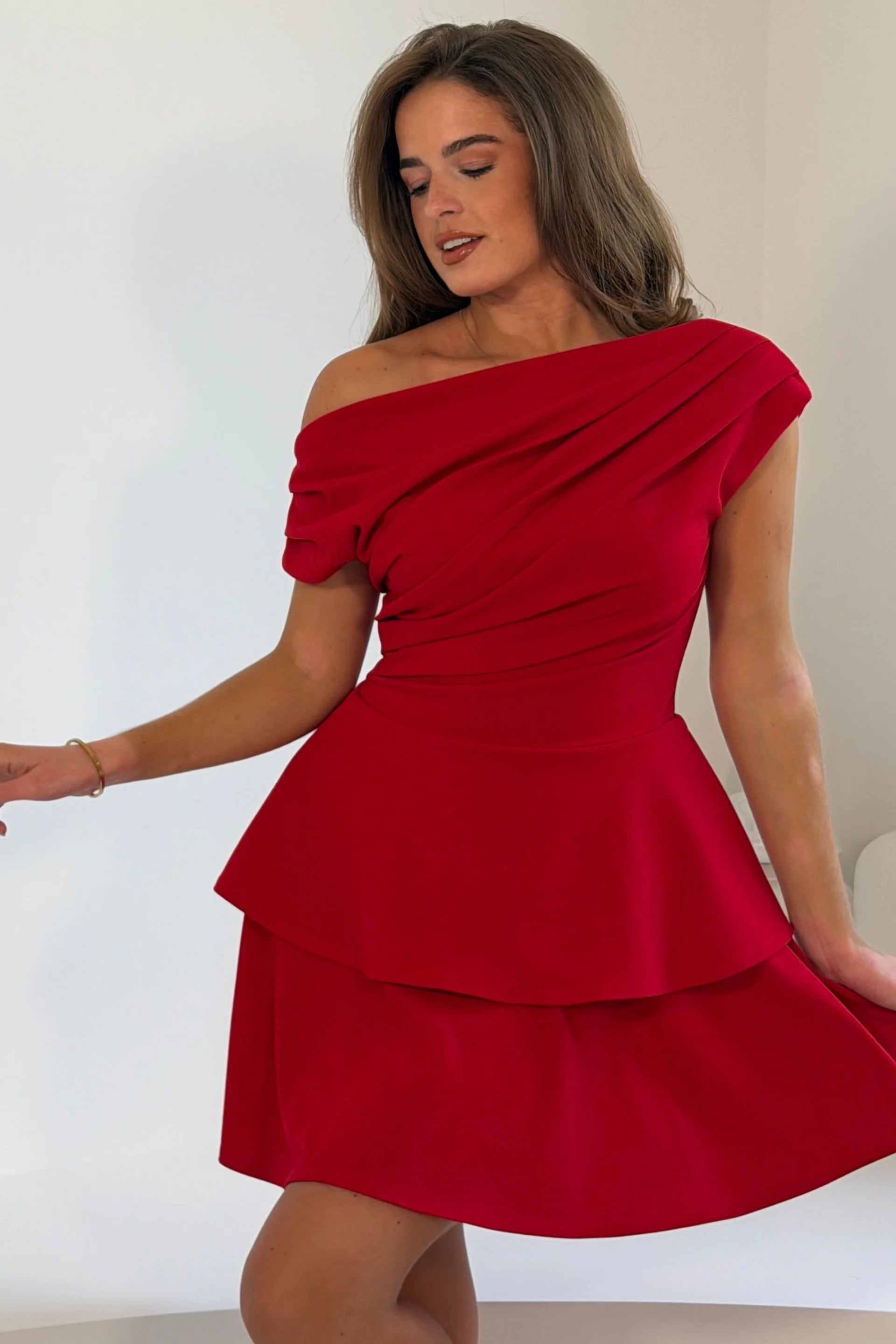 Girl In Mind Pippa Red Bardot Tiered Mini Dress