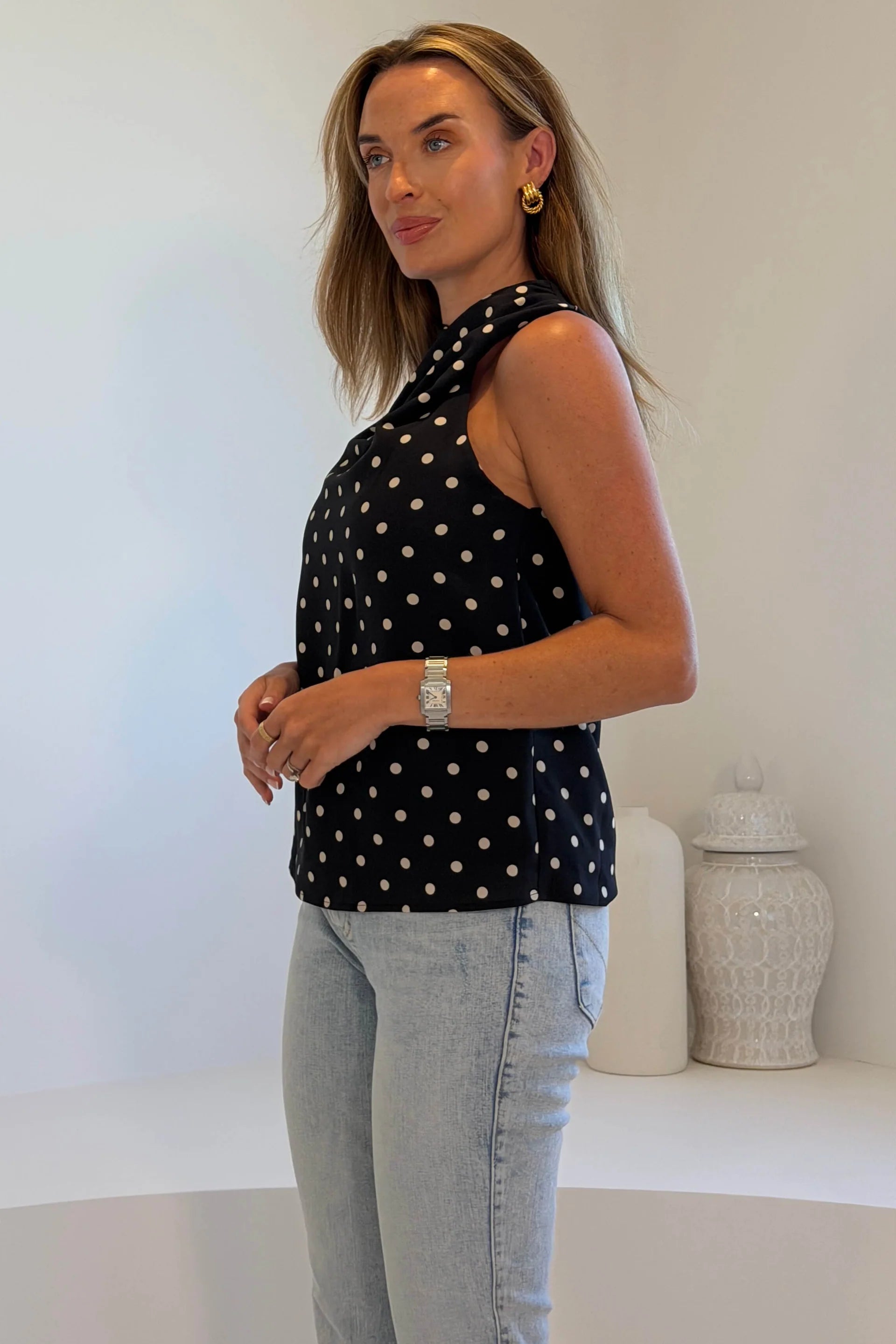 Girl In Mind Sapphire Black Polka Dot Satin Cowl Neck Top