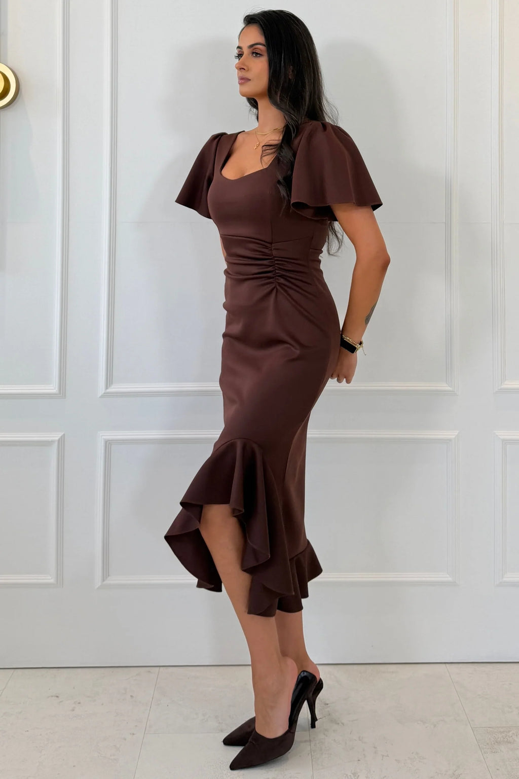 Leona Girl in Mind Chocolate Brown Ruched Frill Midi Dress