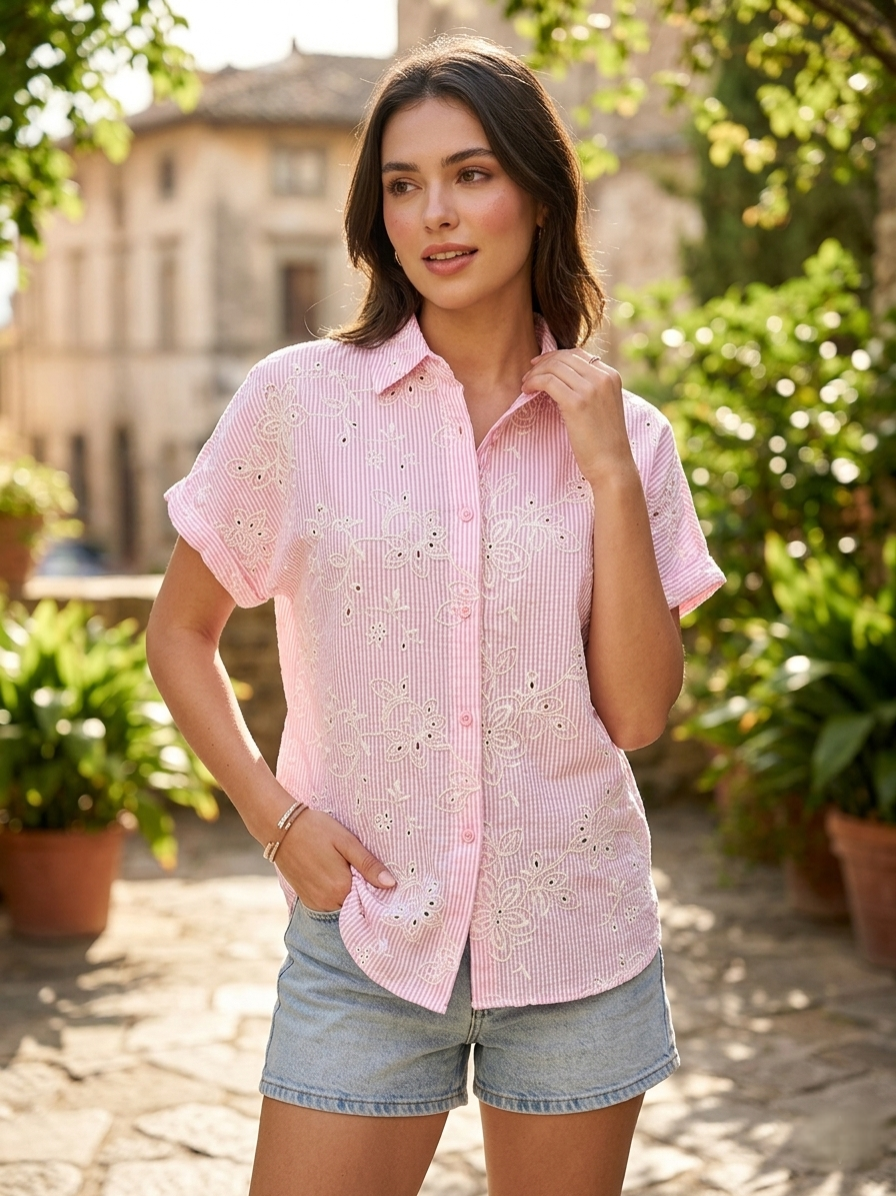 Remi Shirt – Embroidered Stripe Pink Shirt