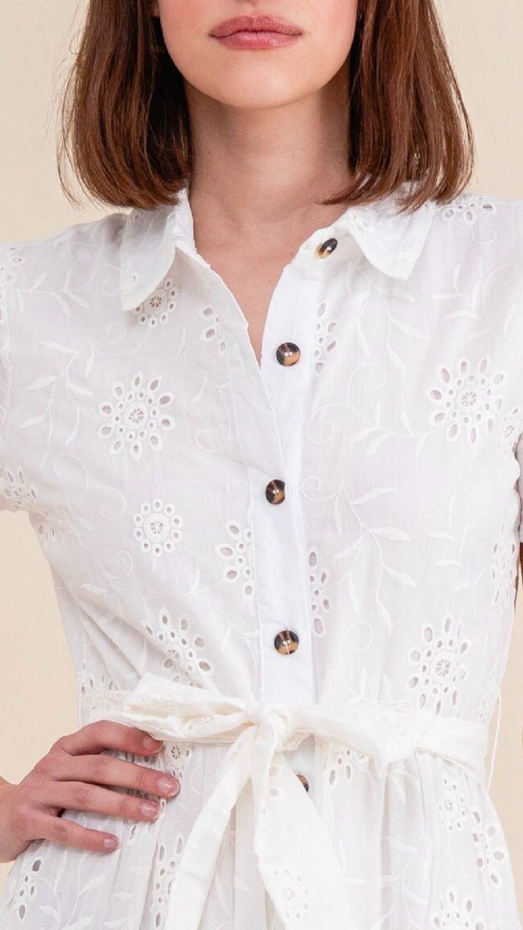 Nora White Broderie Button-Front Midi Dress
