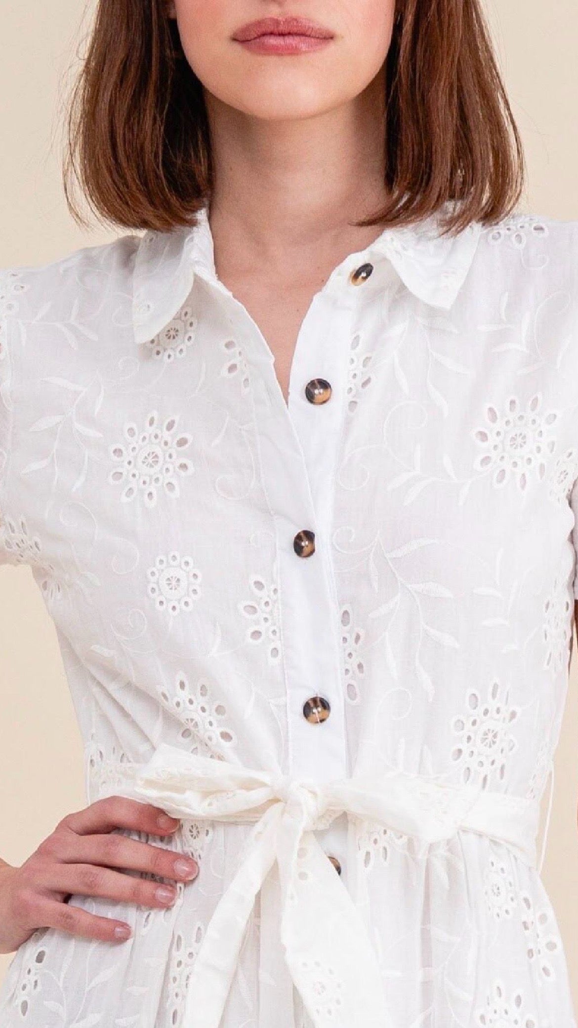 Nora White Broderie Button-Front Midi Dress
