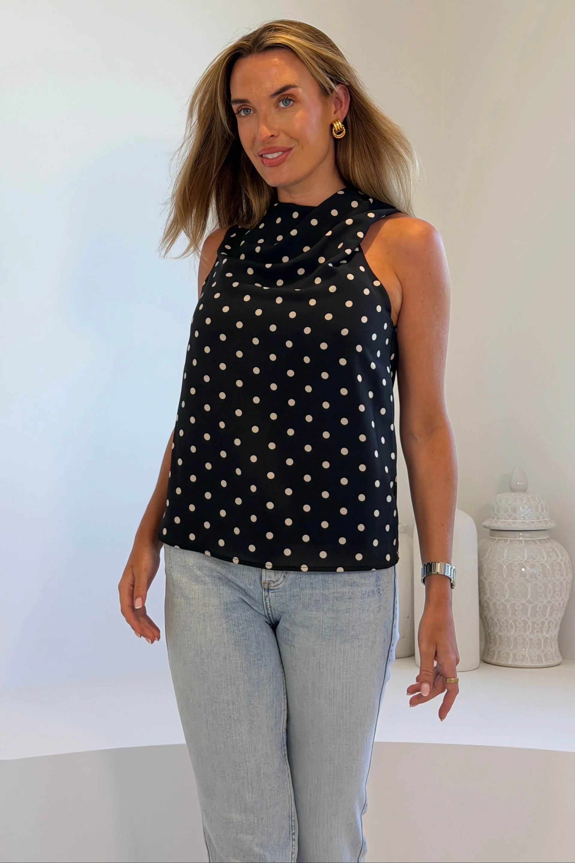 Girl In Mind Sapphire Black Polka Dot Satin Cowl Neck Top