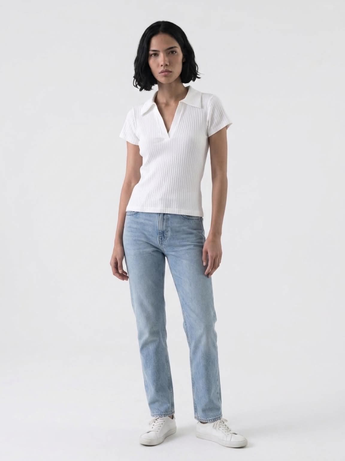 Holly Ribbed Polo Knit Top - White