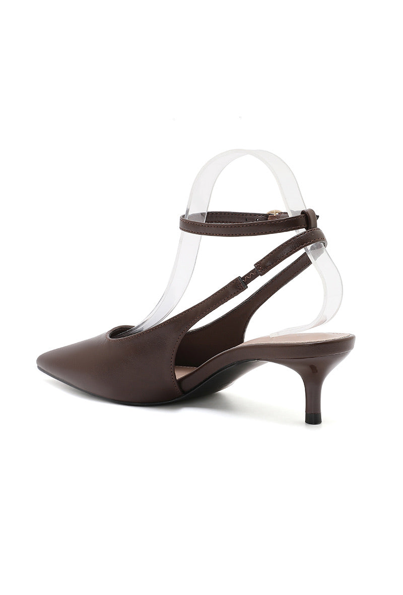Dolores Pointed- Brown Toe Slingback Kitten Heels