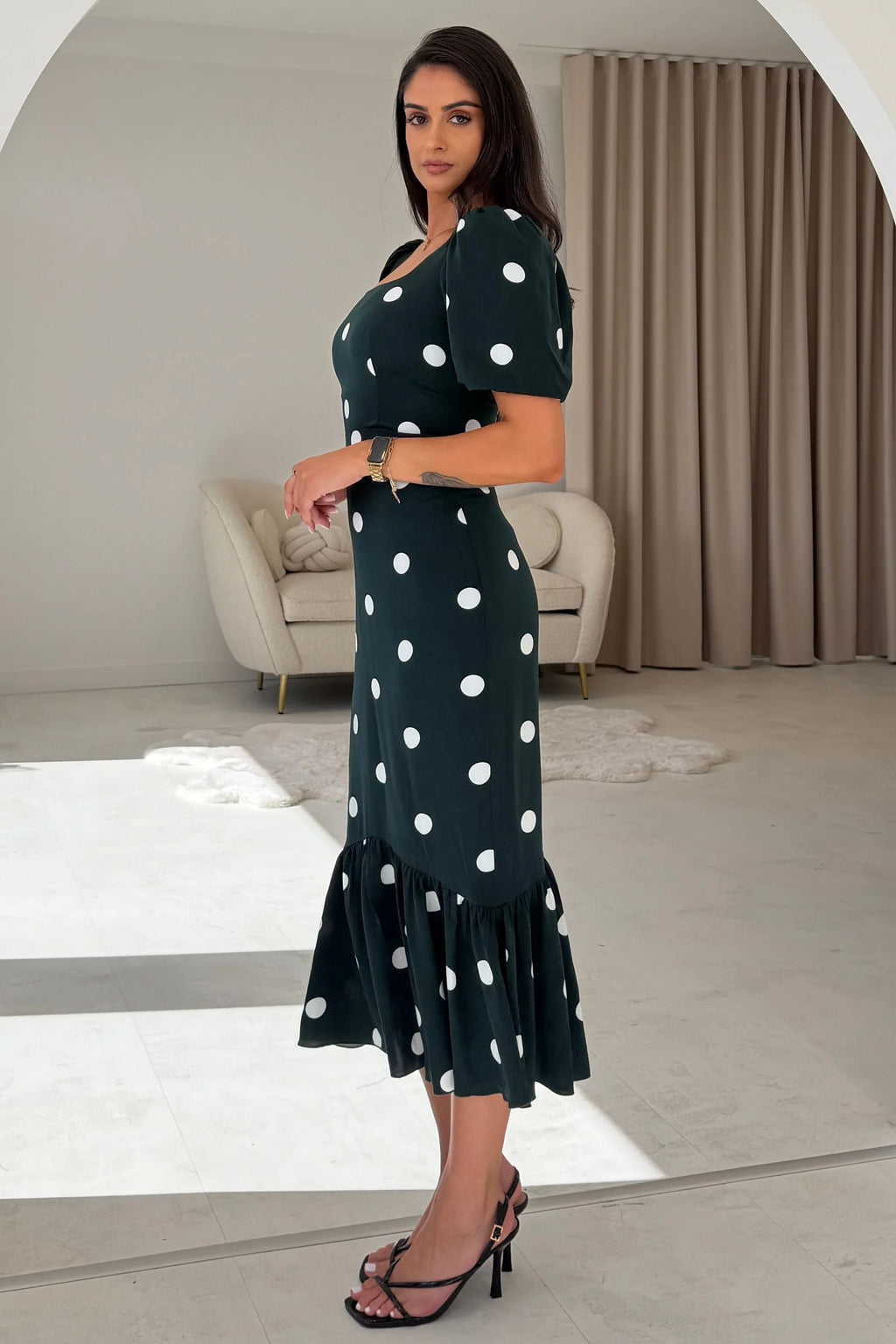 Jennifer Girl in Mind Green & White Polka Dot Midi Dress