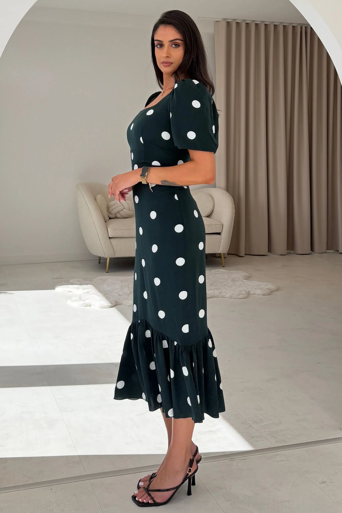 Jennifer Girl in Mind Green & White Polka Dot Midi Dress