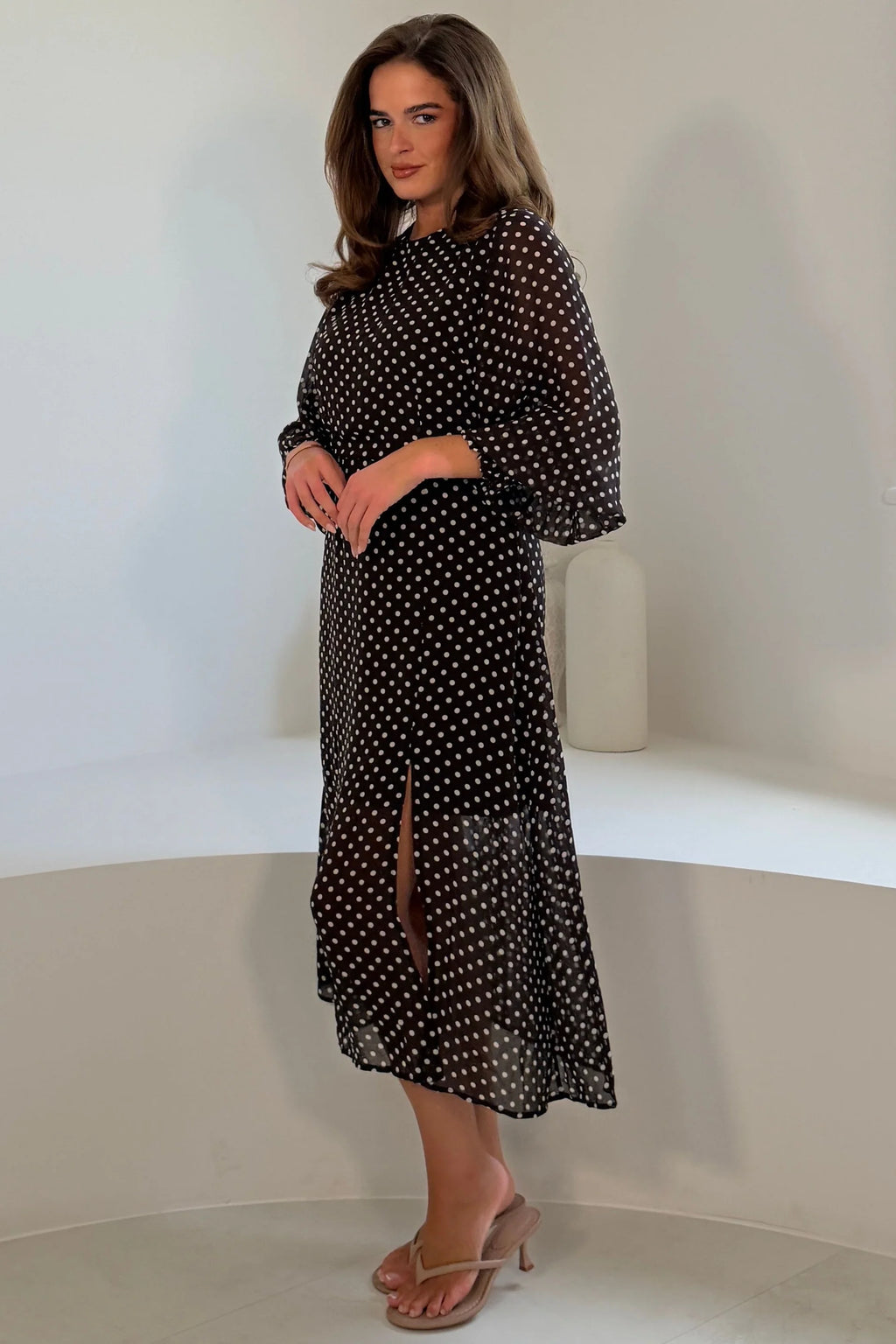 Girl In Mind Oraya Brown & White Polka Dot Chiffon Midi Dress