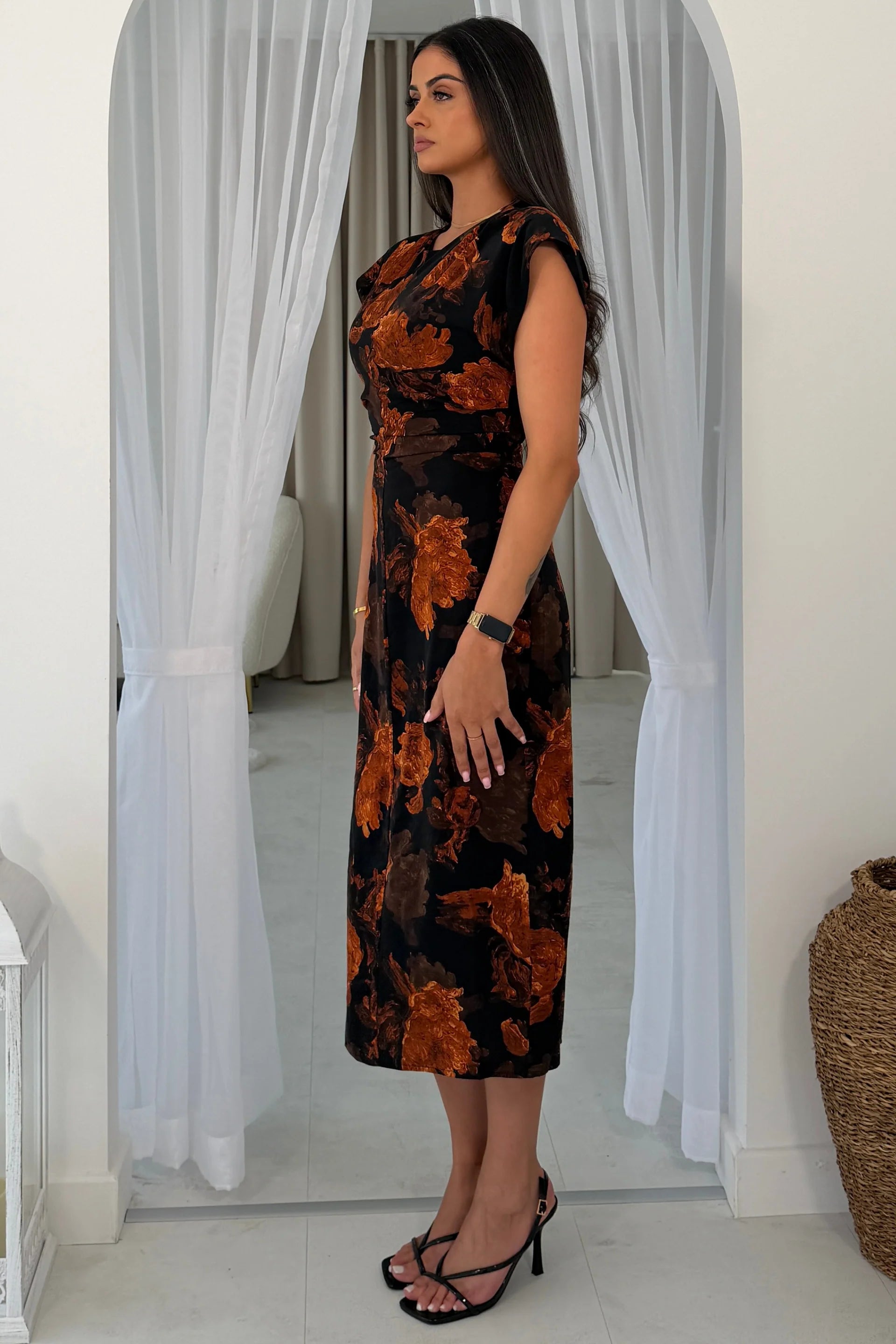 Girl In Mind Terri Black & Rust Floral Midi Dress