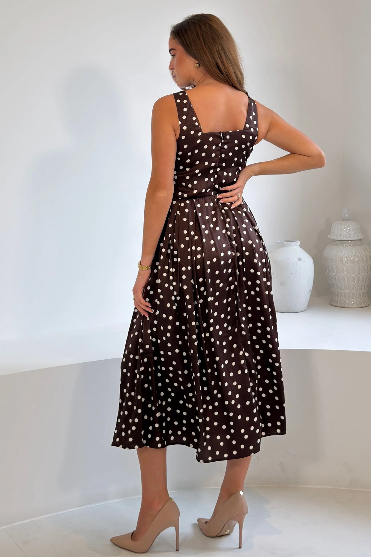 Mirelle Girl in Mind Brown Polka Dot Midi Dress
