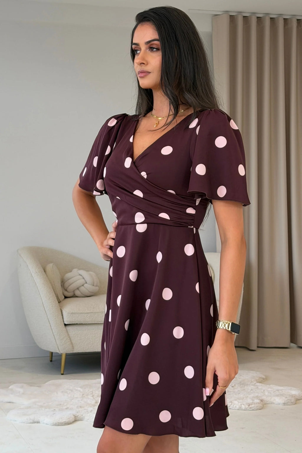 Kristie Girl in Mind Wine Polka Dot Wrap Mini Dress