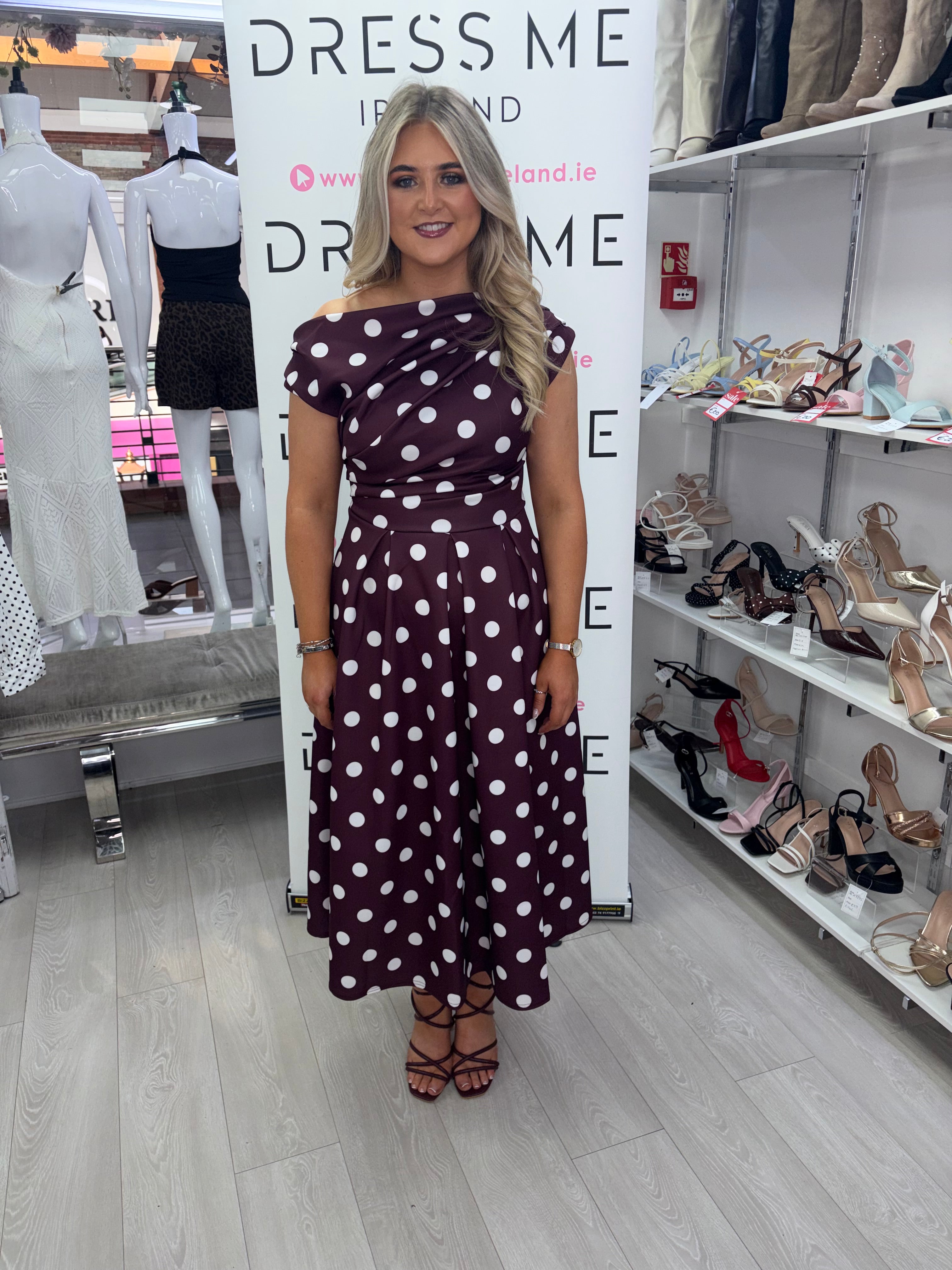 Girl In Mind Betty Burgundy Polka Dot Bardot Midi Dress