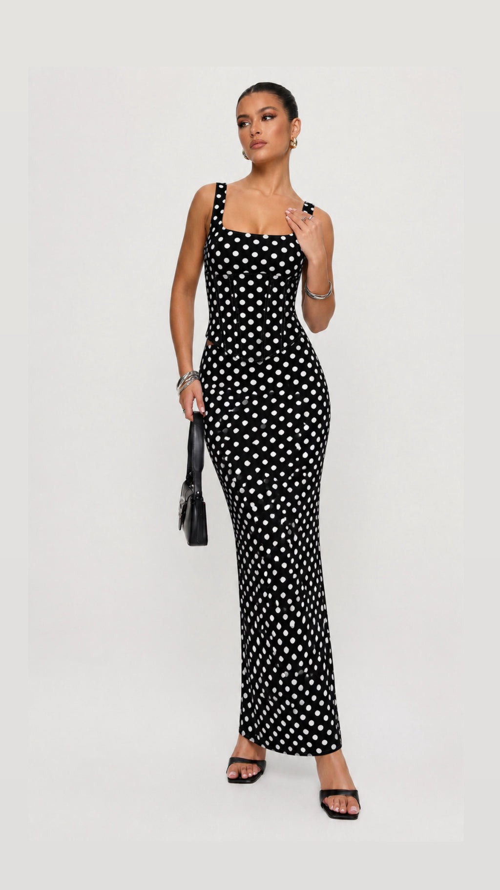 Anaya Polka Dot Corset & Maxi Dress Set - Black