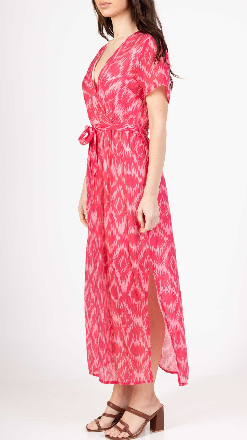 Cathy Pink Ikat Print Wrap Midi Dress