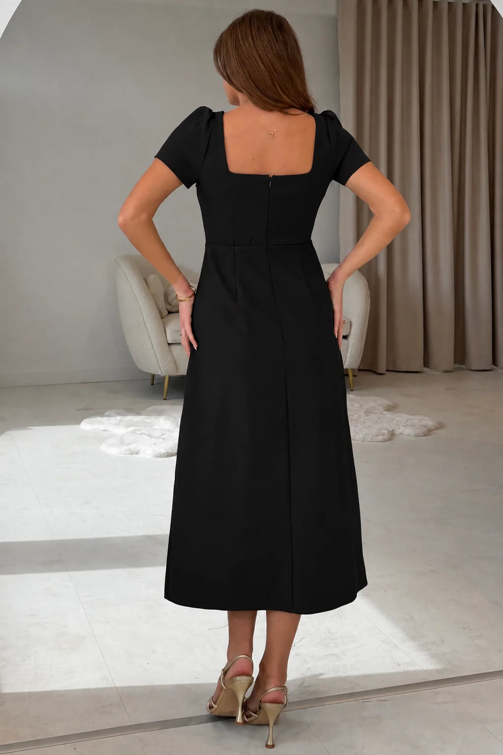 Aliya Girl in Mind Black Button Front A-Line Midi Dress