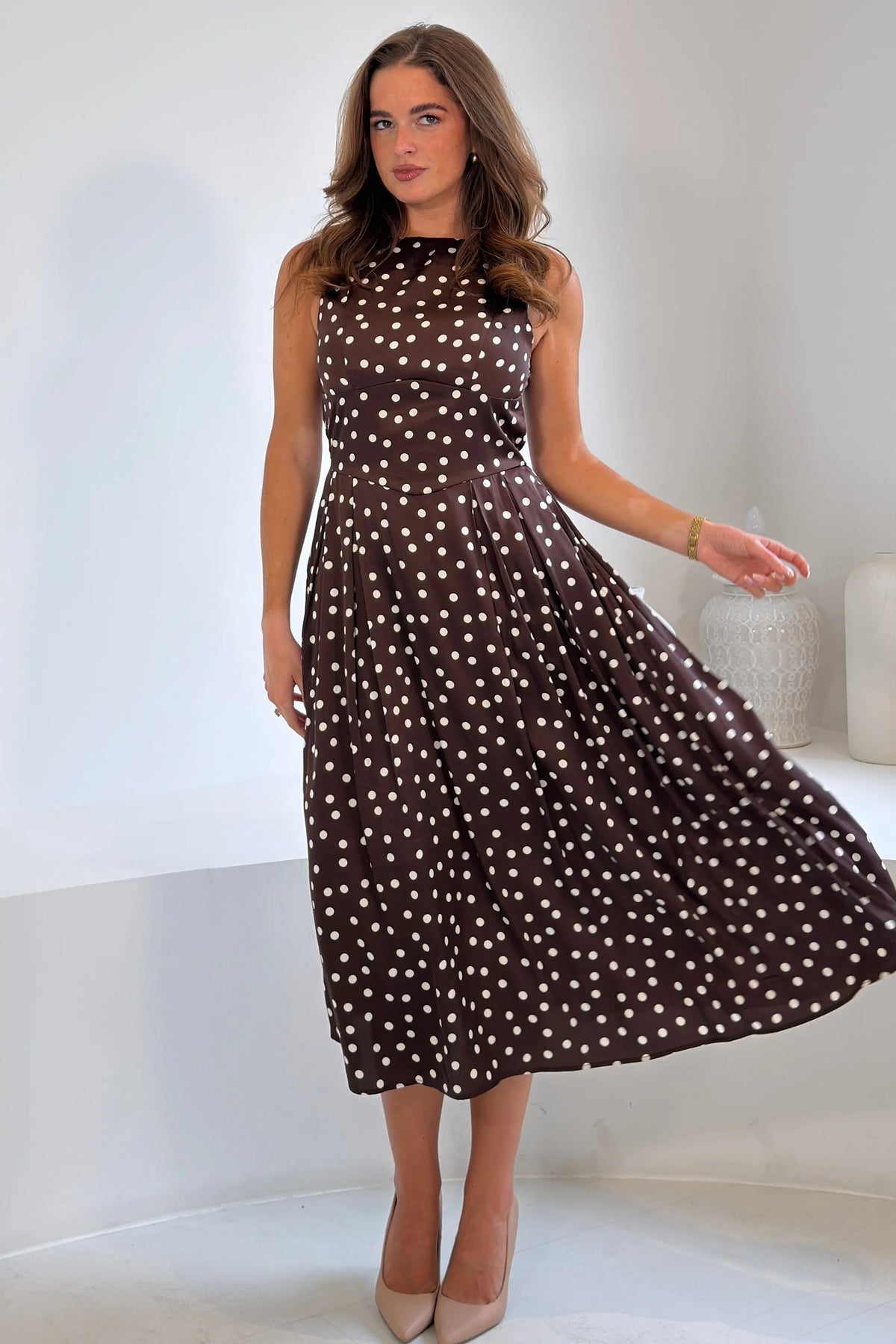 Mirelle Girl in Mind Brown Polka Dot Midi Dress
