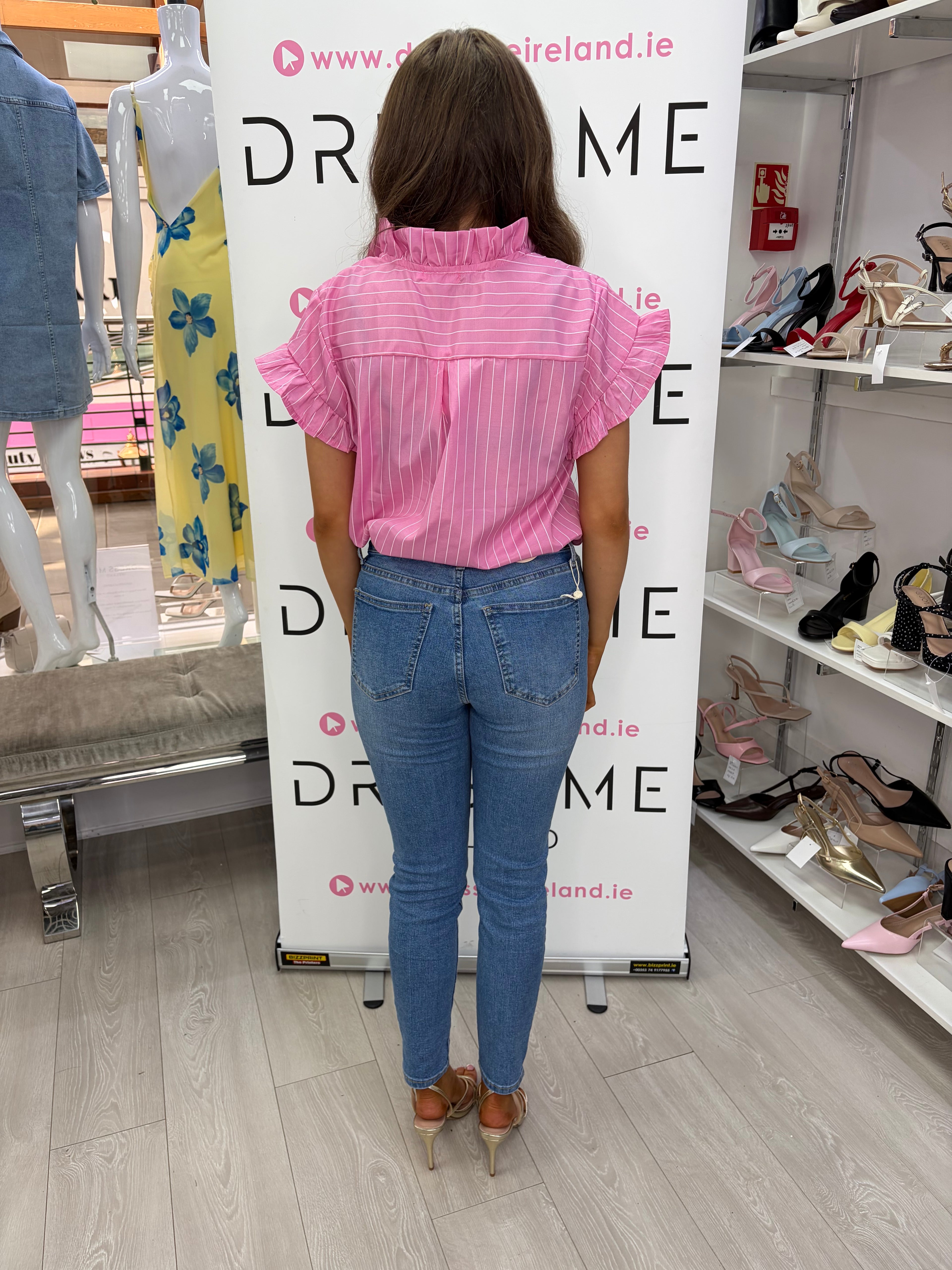 Sofia Shirt – Pink Stripe Frill Sleeve Blouse
