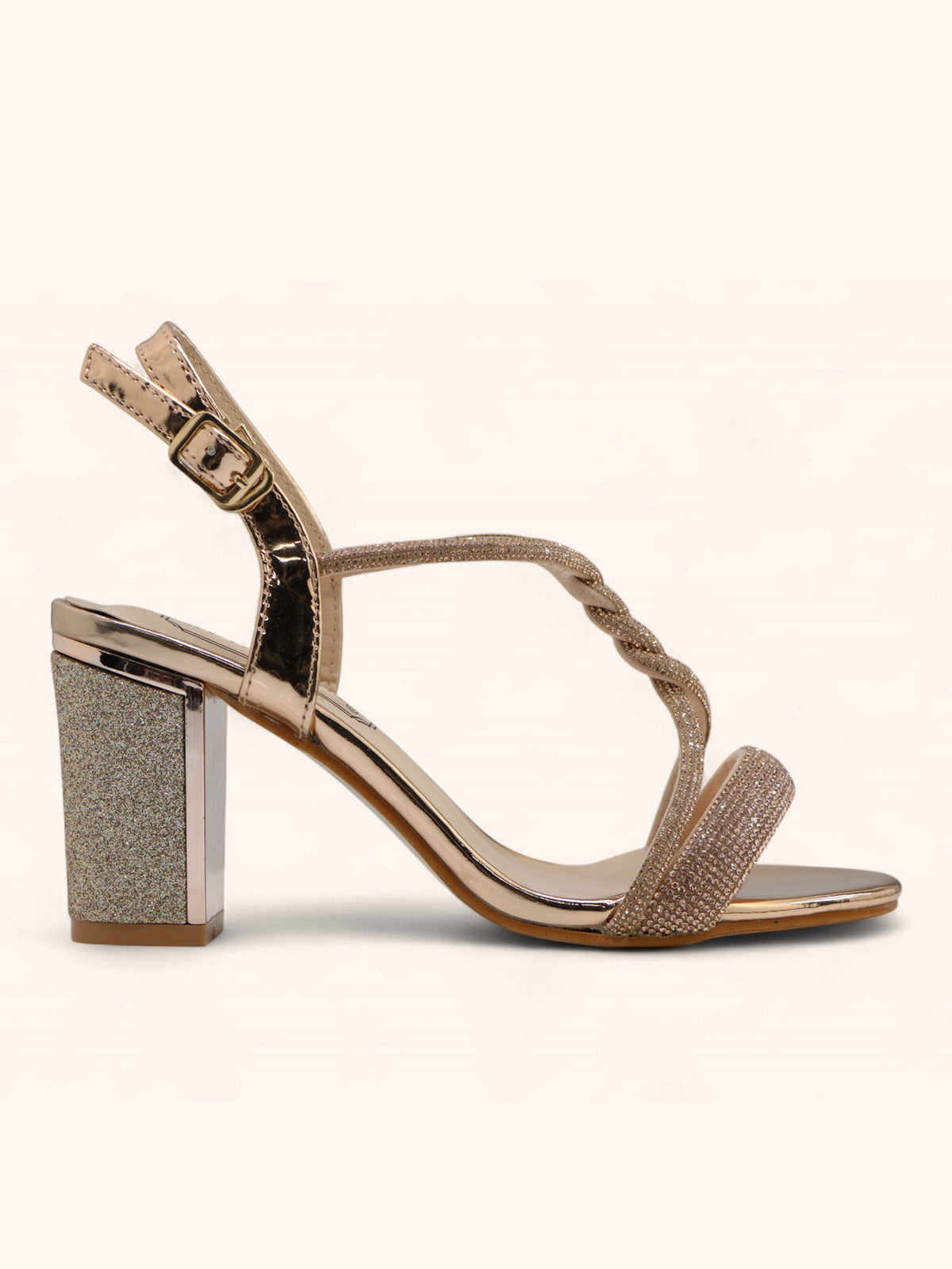 Jules Rose Gold Diamanté Block Heel Sandals