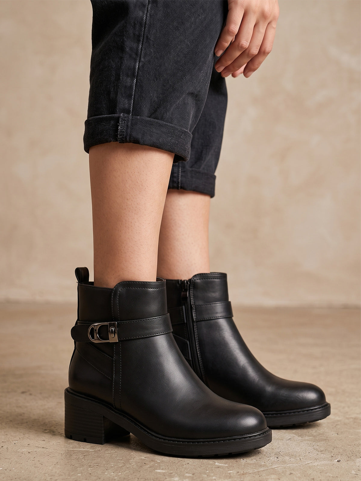 Oprah Black Buckle Detail Ankle Boots