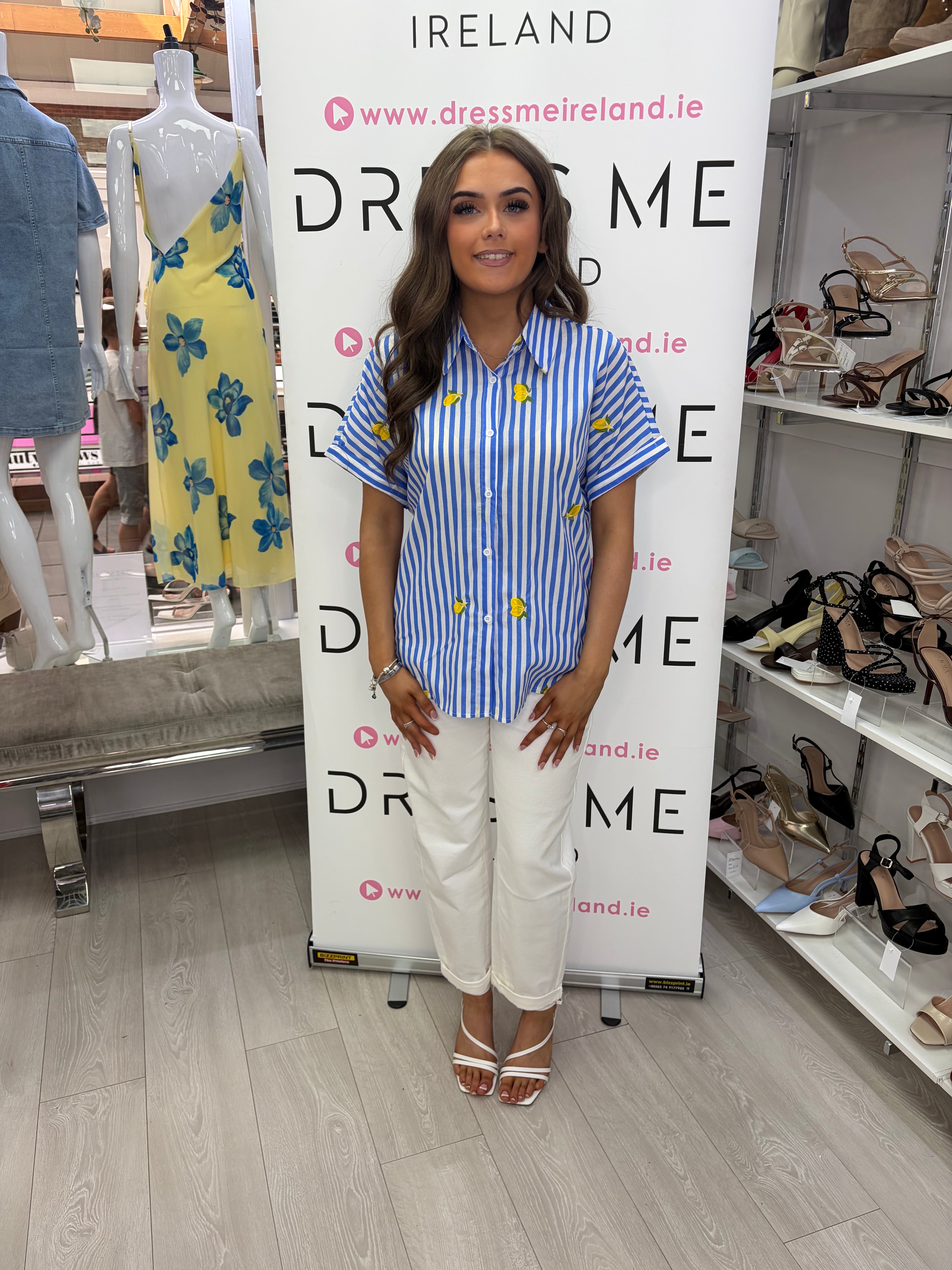 Julia Shirt – Lemon Embroidered Stripe Shirt - Blue