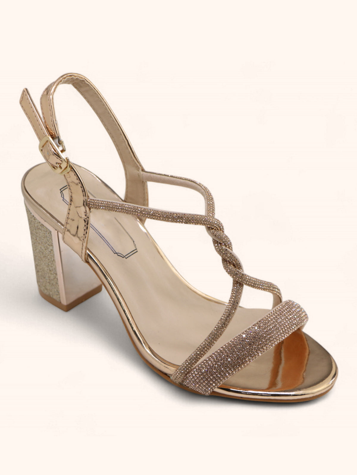 Jules Rose Gold Diamanté Block Heel Sandals