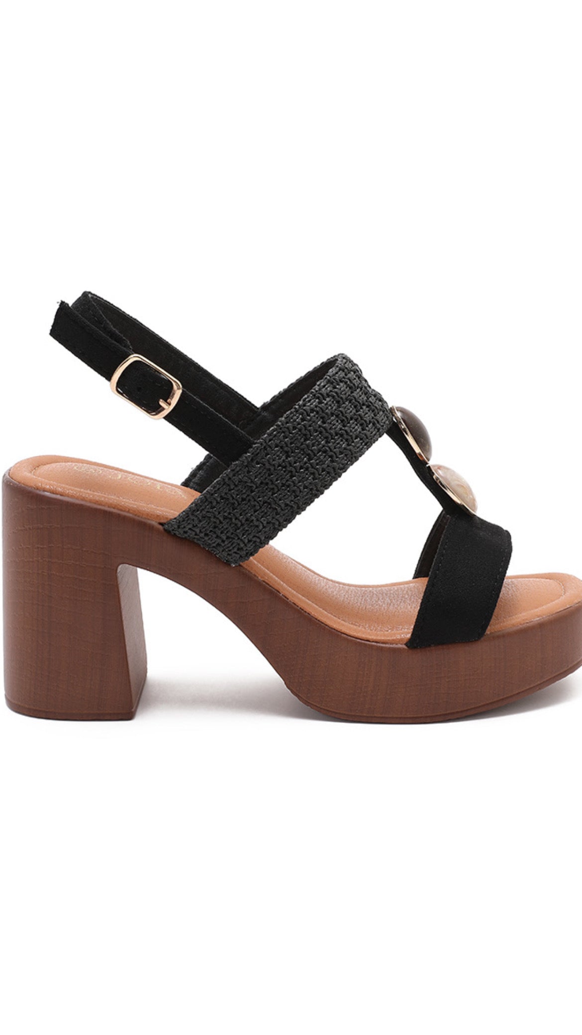 Tina Black Platform Heel – Textured Strap Block Heel Sandal