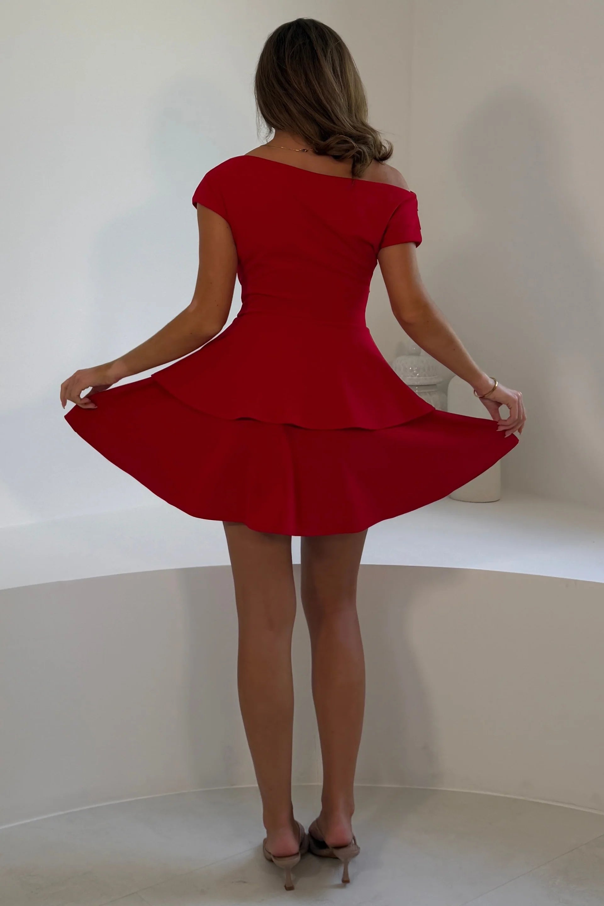 Girl In Mind Pippa Red Bardot Tiered Mini Dress
