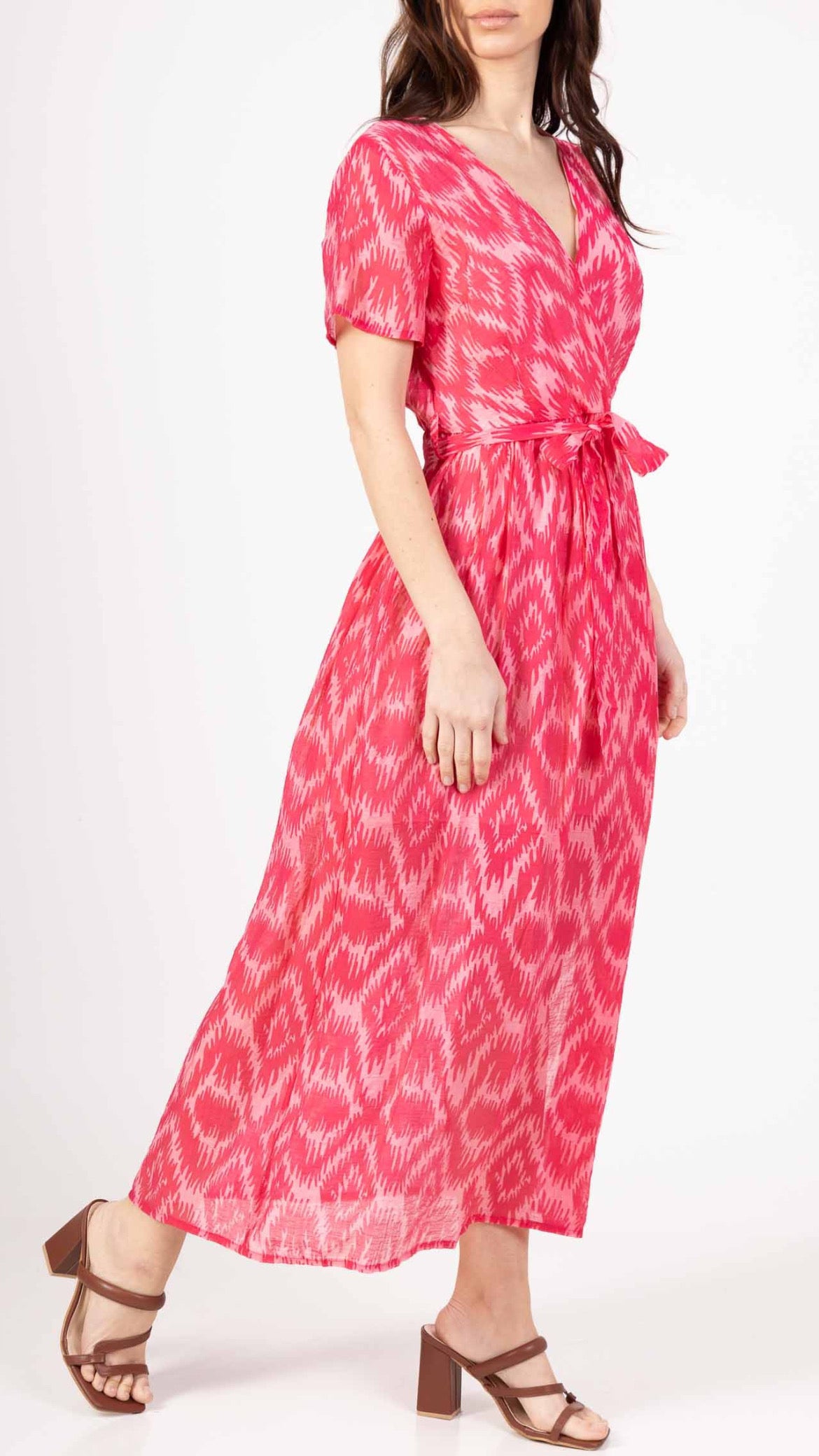 Cathy Pink Ikat Print Wrap Midi Dress