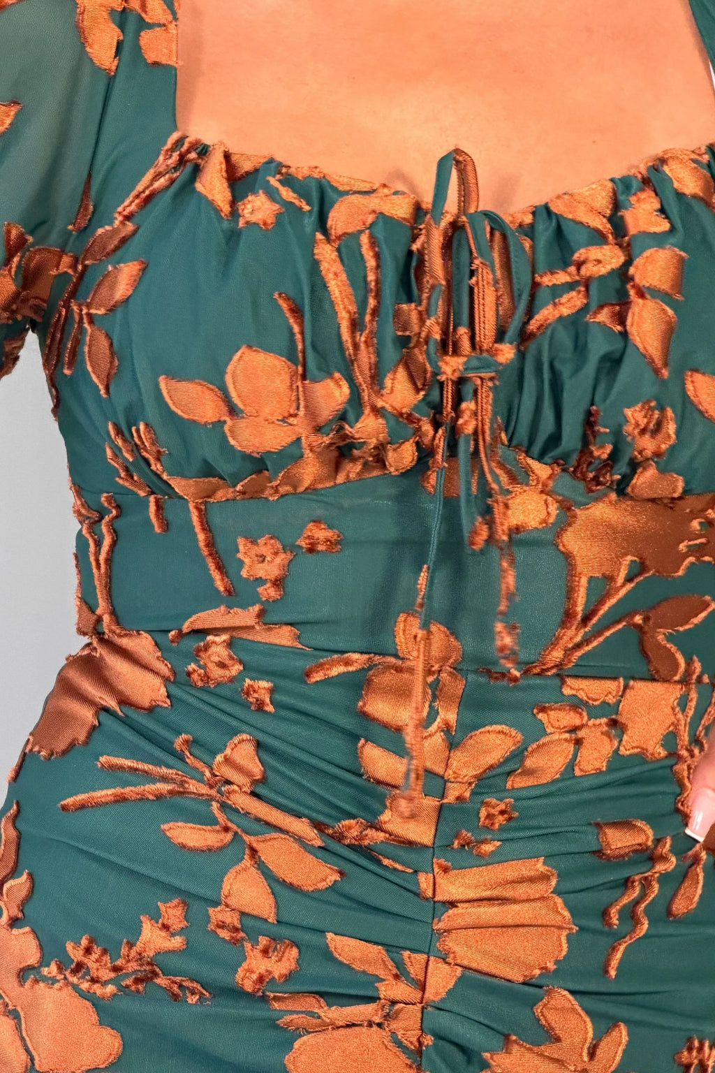 Girl In Mind Dove Green & Rust Floral Ruched Midi Dress