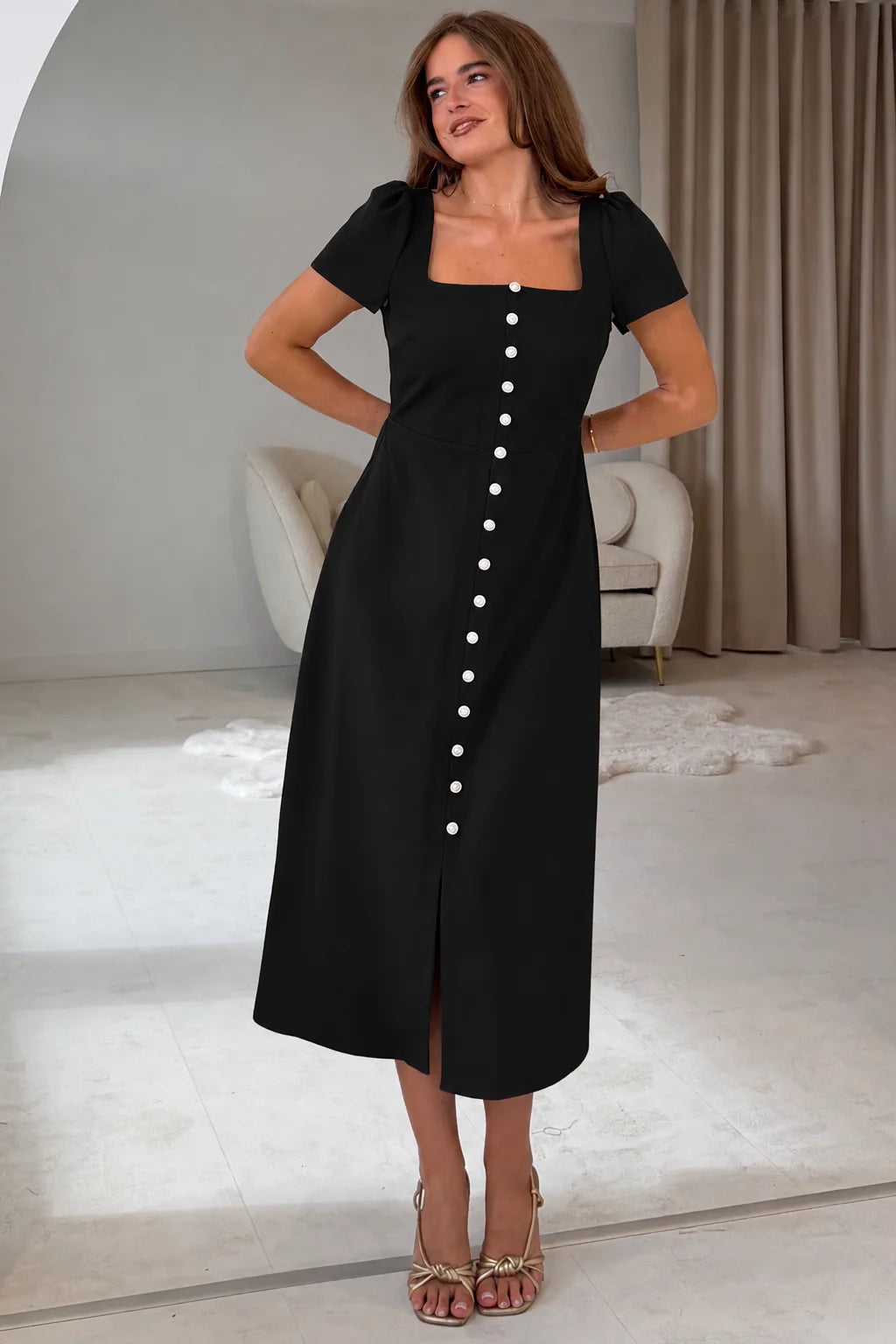 Aliya Girl in Mind Black Button Front A-Line Midi Dress