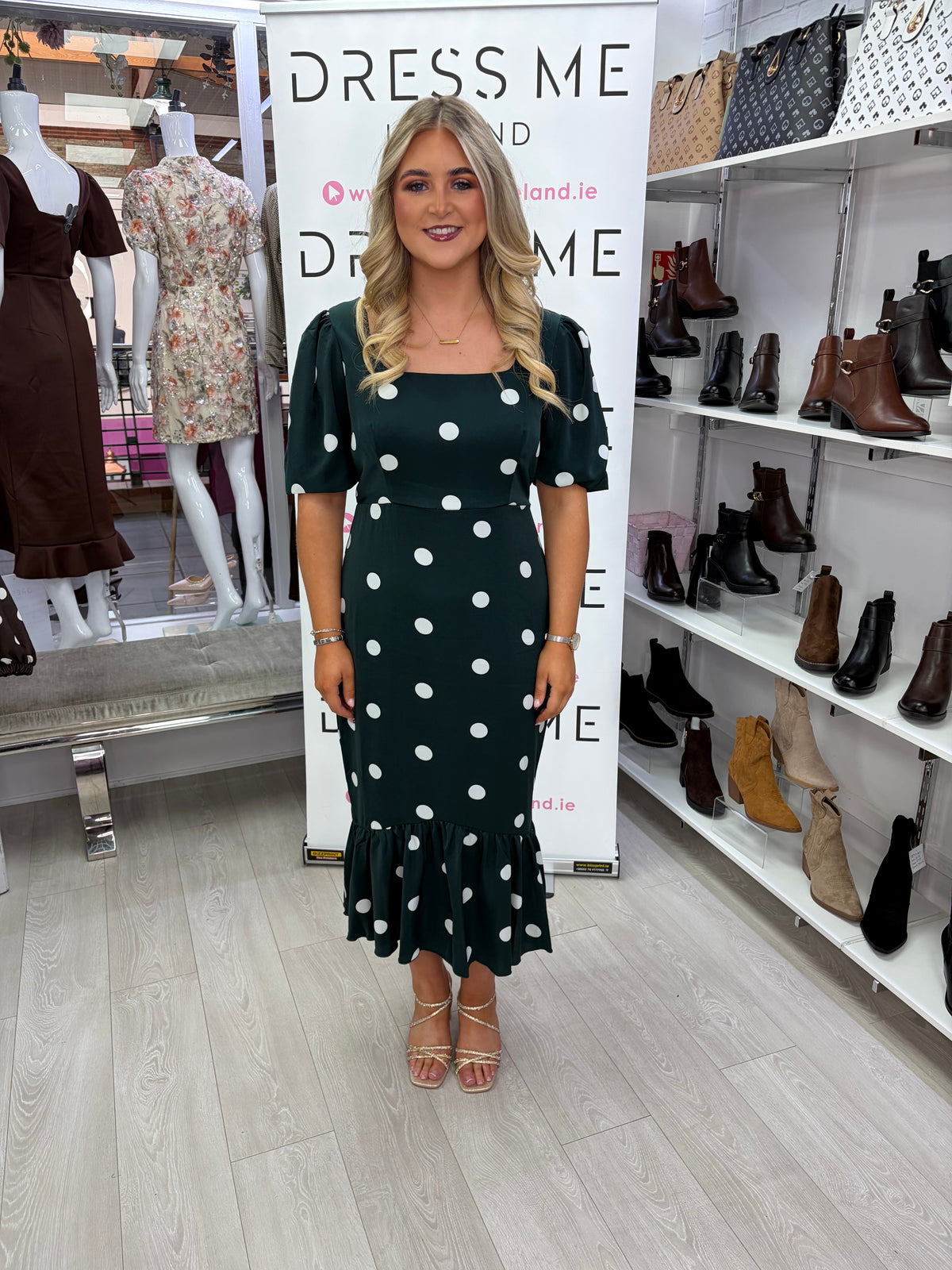 Jennifer Girl in Mind Green & White Polka Dot Midi Dress