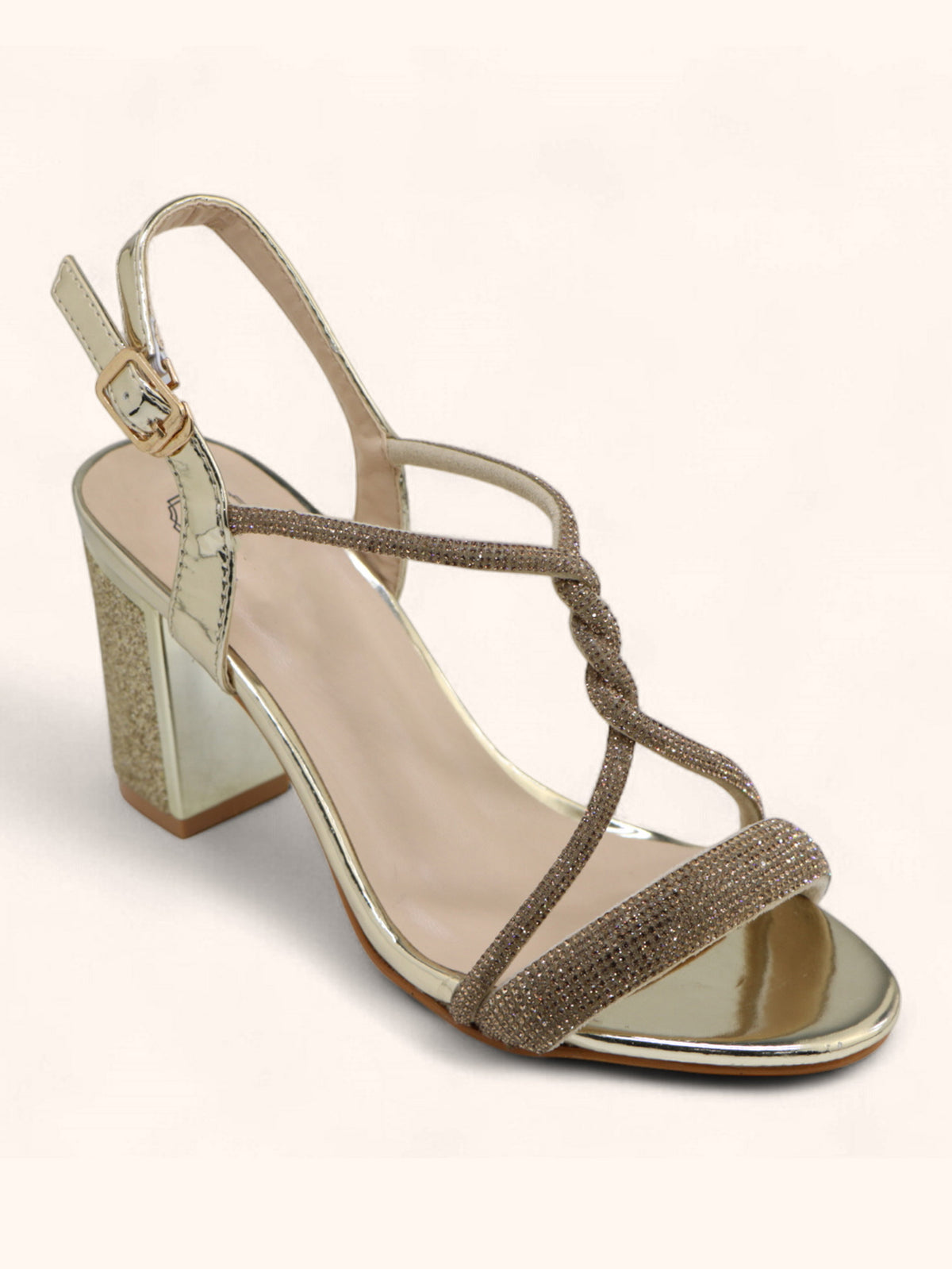 Jules Gold Diamanté Block Heel Sandals