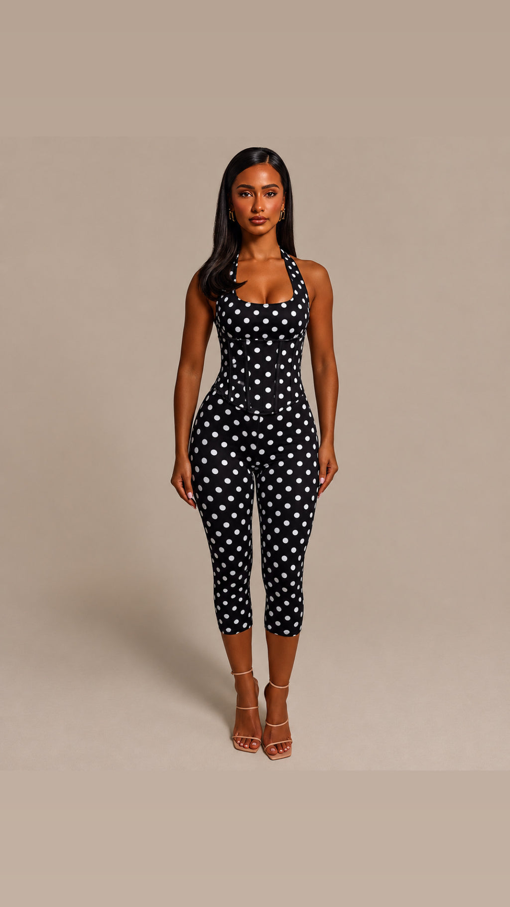 Lilah 3-Piece Polka Dot Set – Halter Top, Corset & Capri Pants - Black