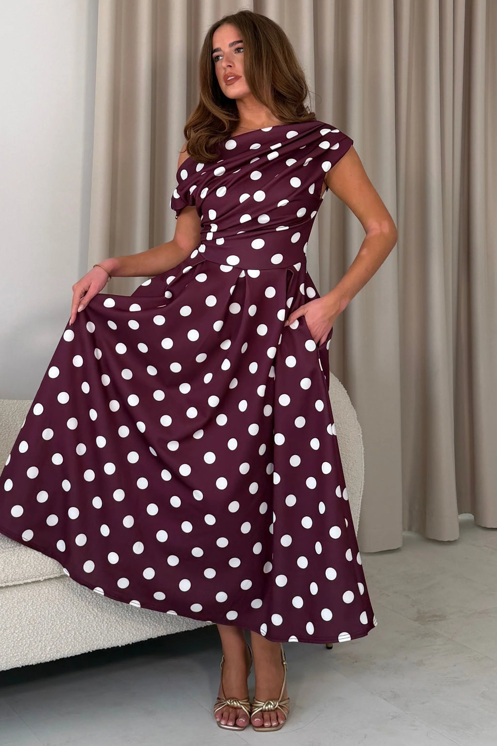Girl In Mind Betty Burgundy Polka Dot Bardot Midi Dress